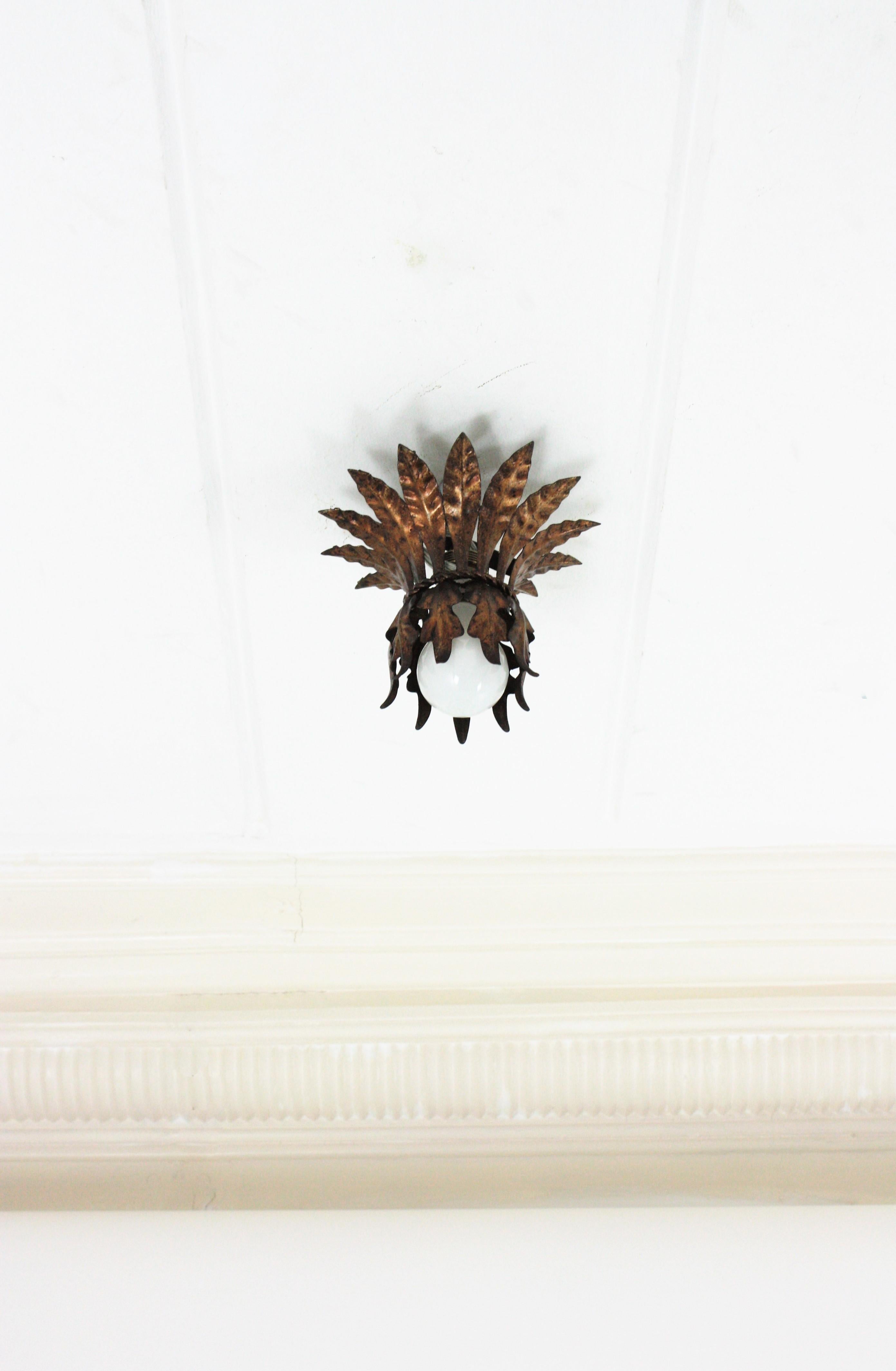 Hollywood Regency French Leaves Bouquet Crown Ceiling Light Fixture in Gilt Metal, 1940s