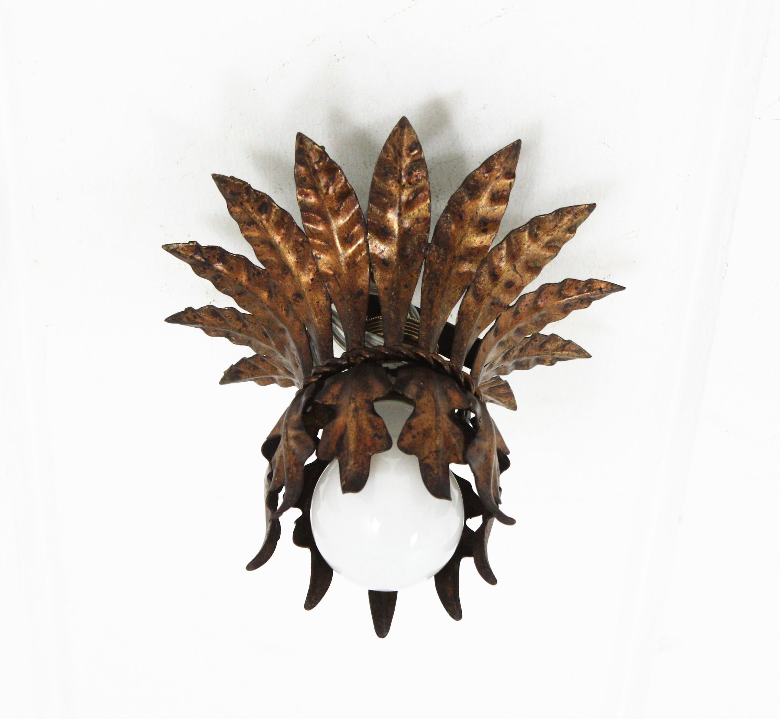 French Leaves Bouquet Crown Ceiling Light Fixture in Gilt Metal, 1940s 1