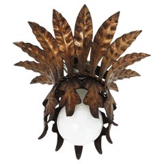 French Leaves Bouquet Crown Ceiling Light Fixture in Gilt Metal, 1940s