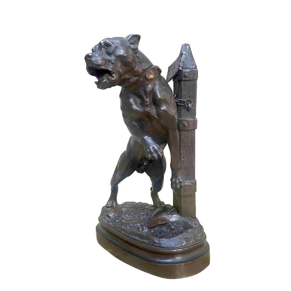 Cast French 19th Century Guard Dog Bronze Sculpture signed Lecourtier 1878