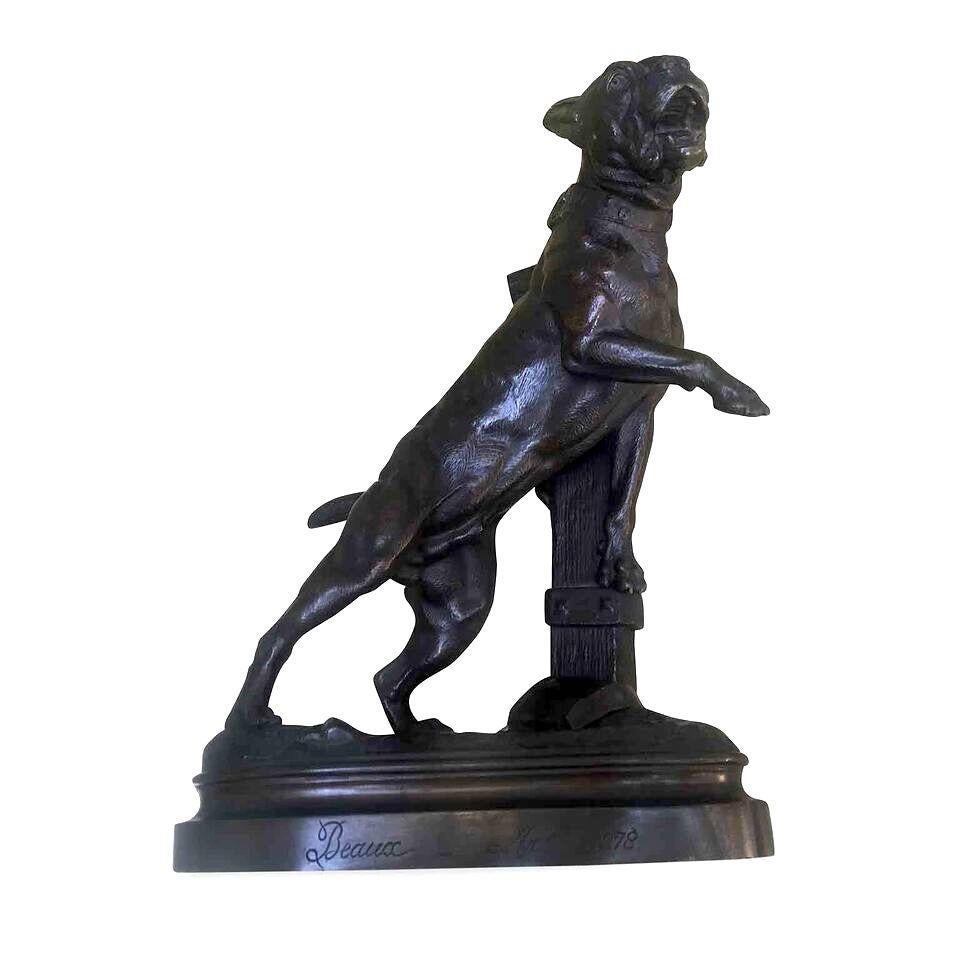 Chien de garde français du 19ème siècle Sculpture en bronze signée Lecourtier 1878 1