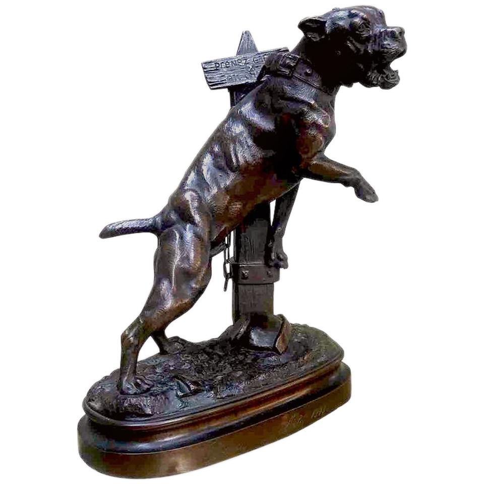 Chien de garde français du 19ème siècle Sculpture en bronze signée Lecourtier 1878