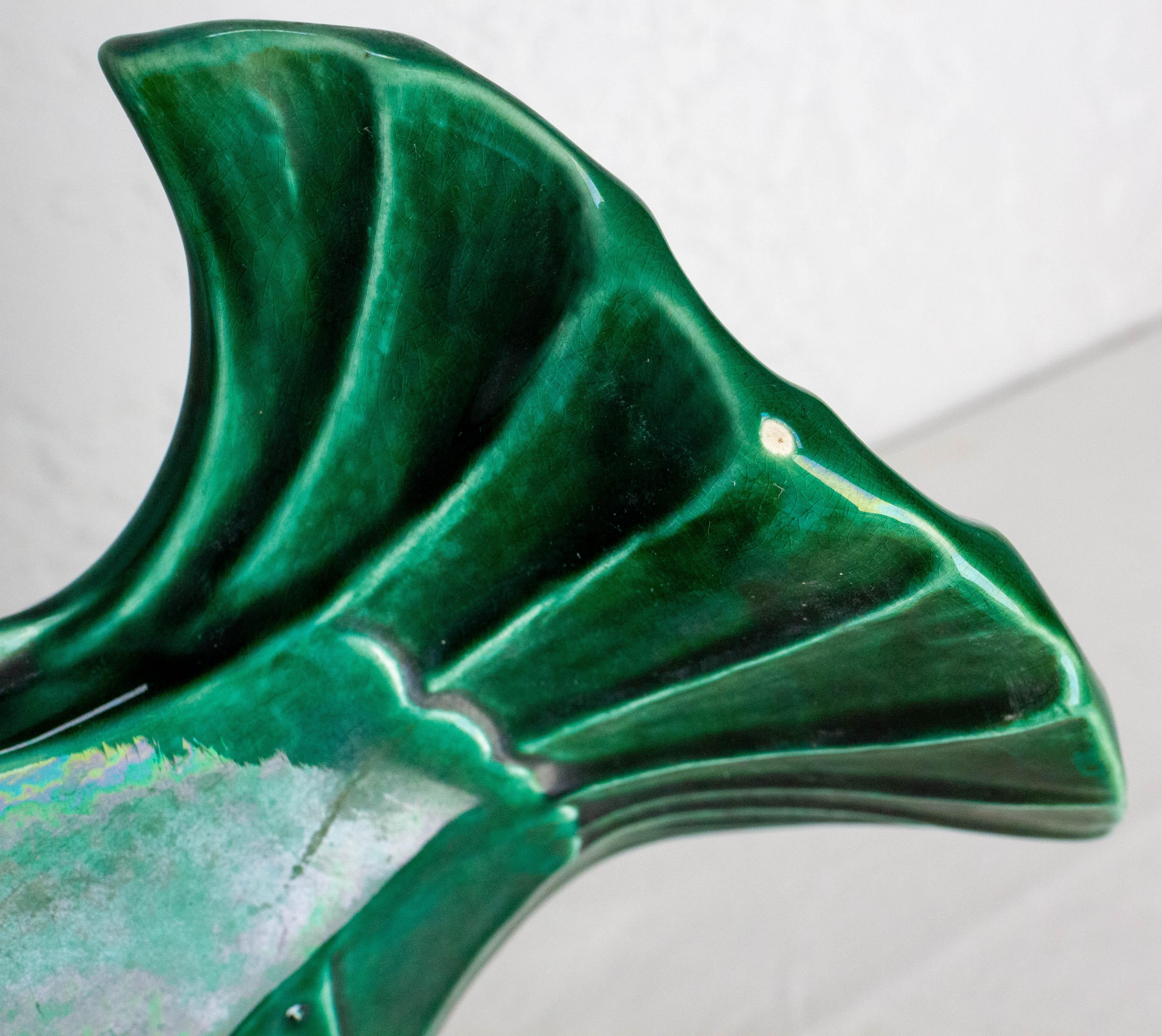 French Lejan Art Deco Crackle Glaze Green Ceramic Koi Carpe Orchies circa 1920 5