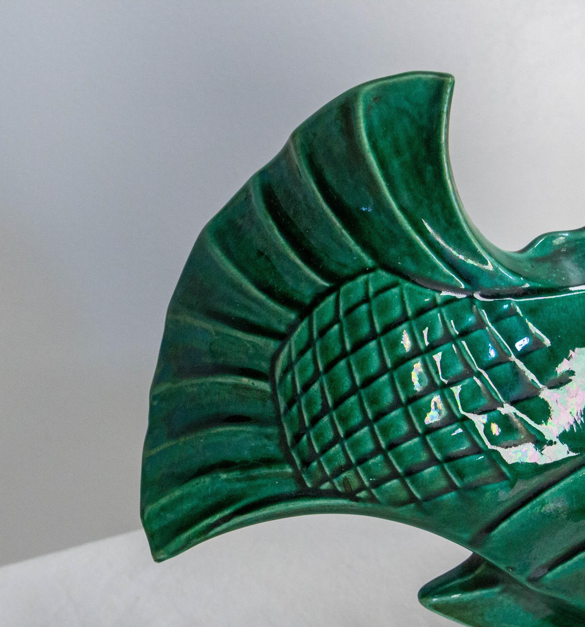French Lejan Art Deco Crackle Glaze Green Ceramic Koi Carpe Orchies circa 1920 6