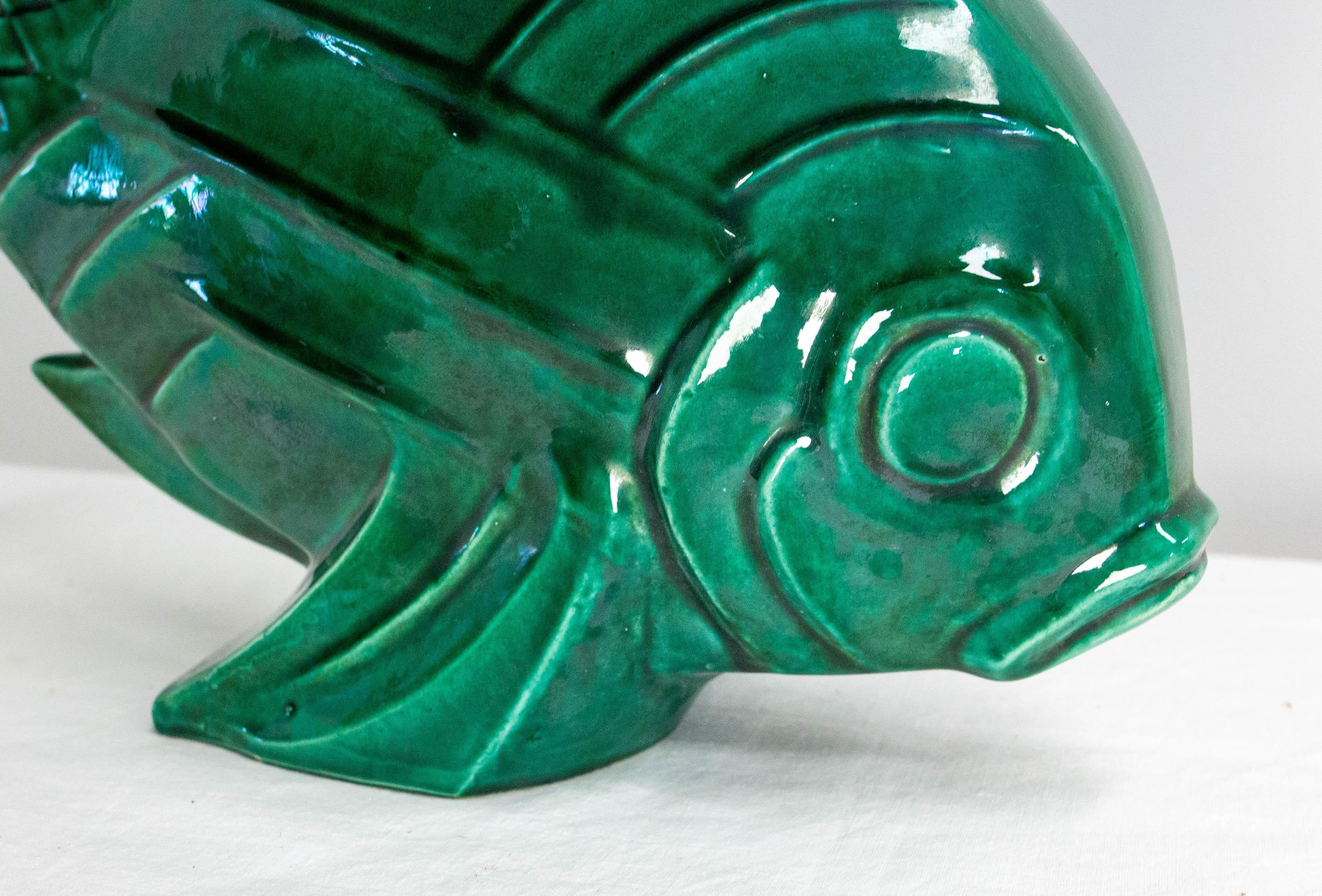 French Lejan Art Deco Crackle Glaze Green Ceramic Koi Carpe Orchies circa 1920 8