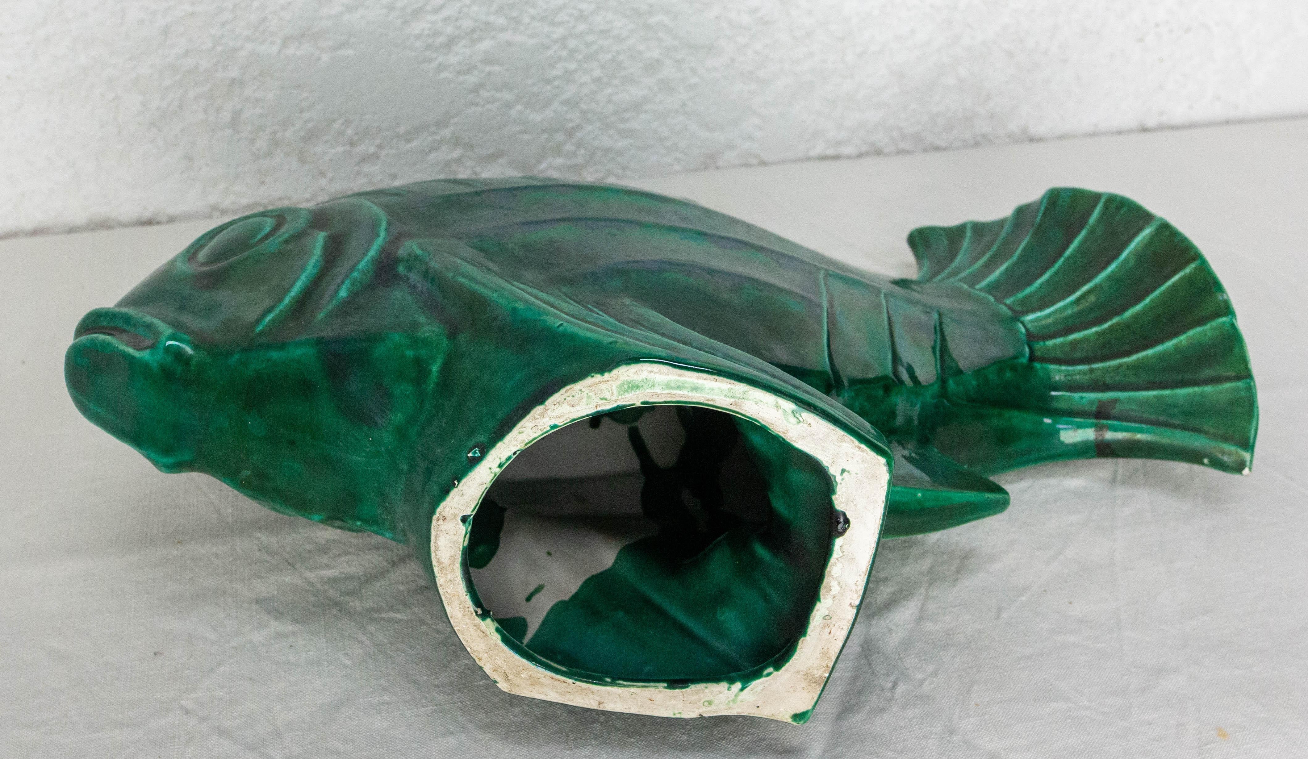 French Lejan Art Deco Crackle Glaze Green Ceramic Koi Carpe Orchies circa 1920 9
