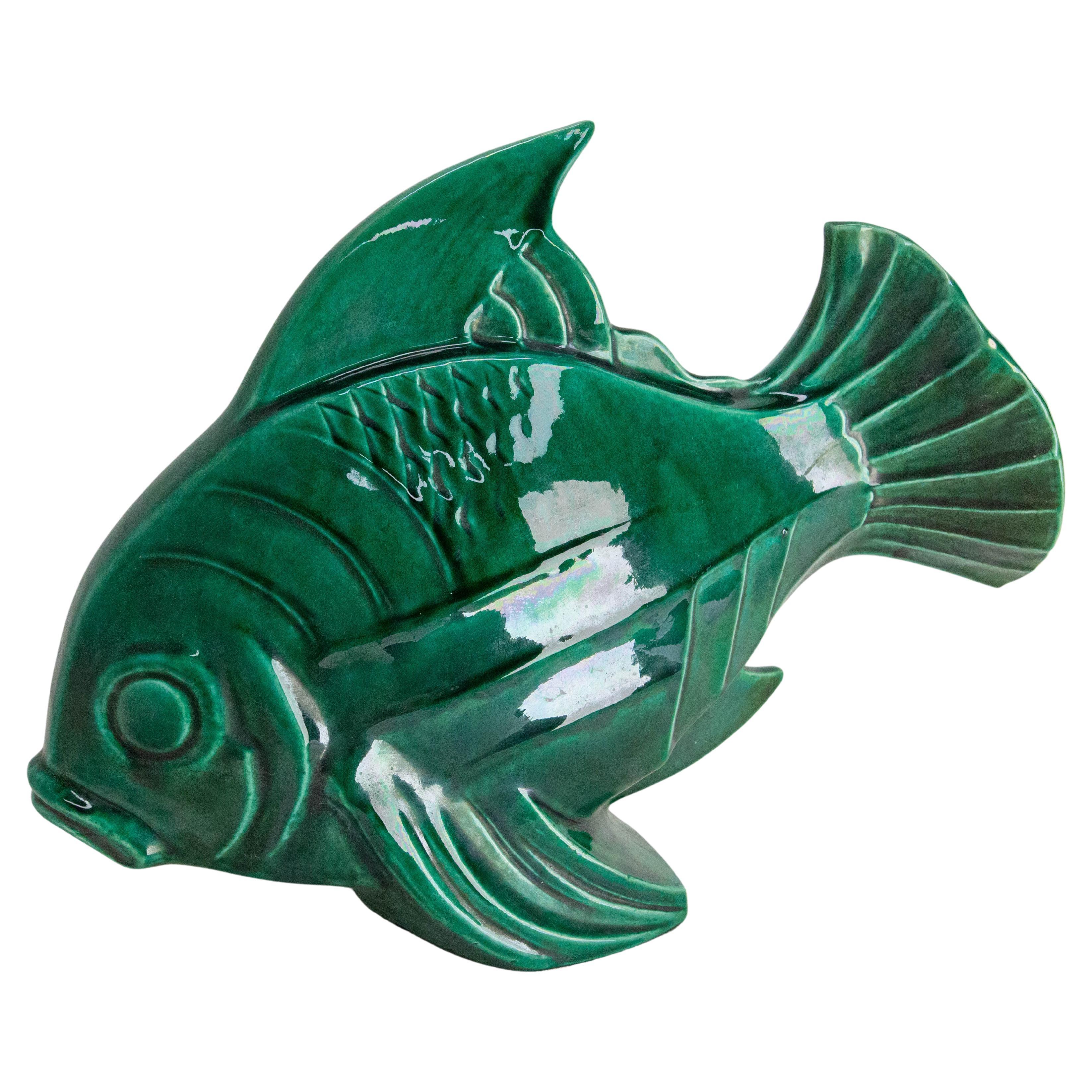 Glazed French Lejan Art Deco Crackle Glaze Green Ceramic Koi Carpe Orchies circa 1920
