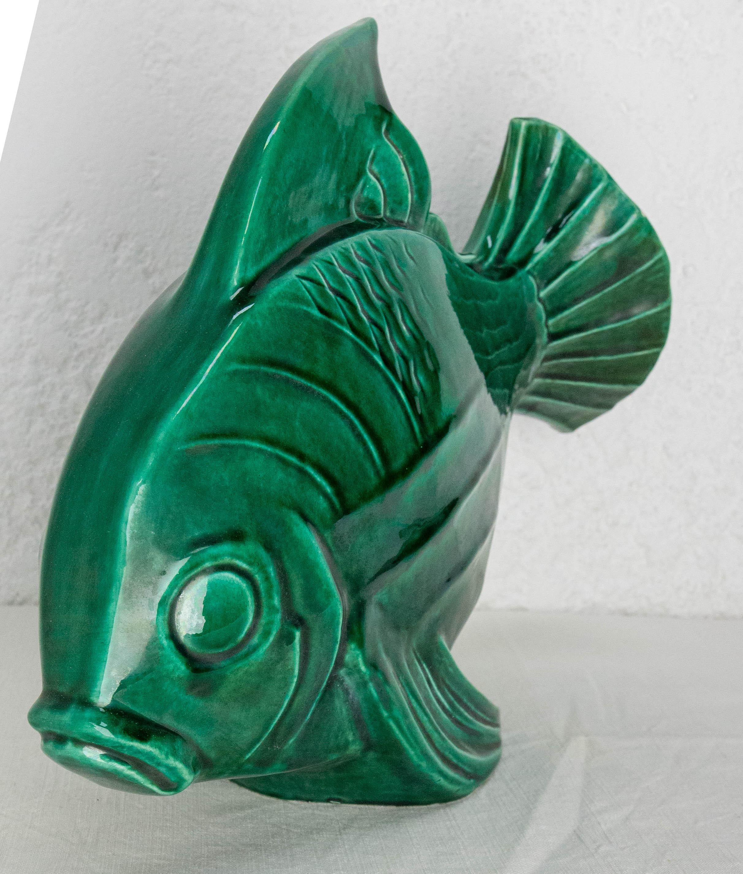 French Lejan Art Deco Crackle Glaze Green Ceramic Koi Carpe Orchies circa 1920 In Good Condition In Labrit, Landes