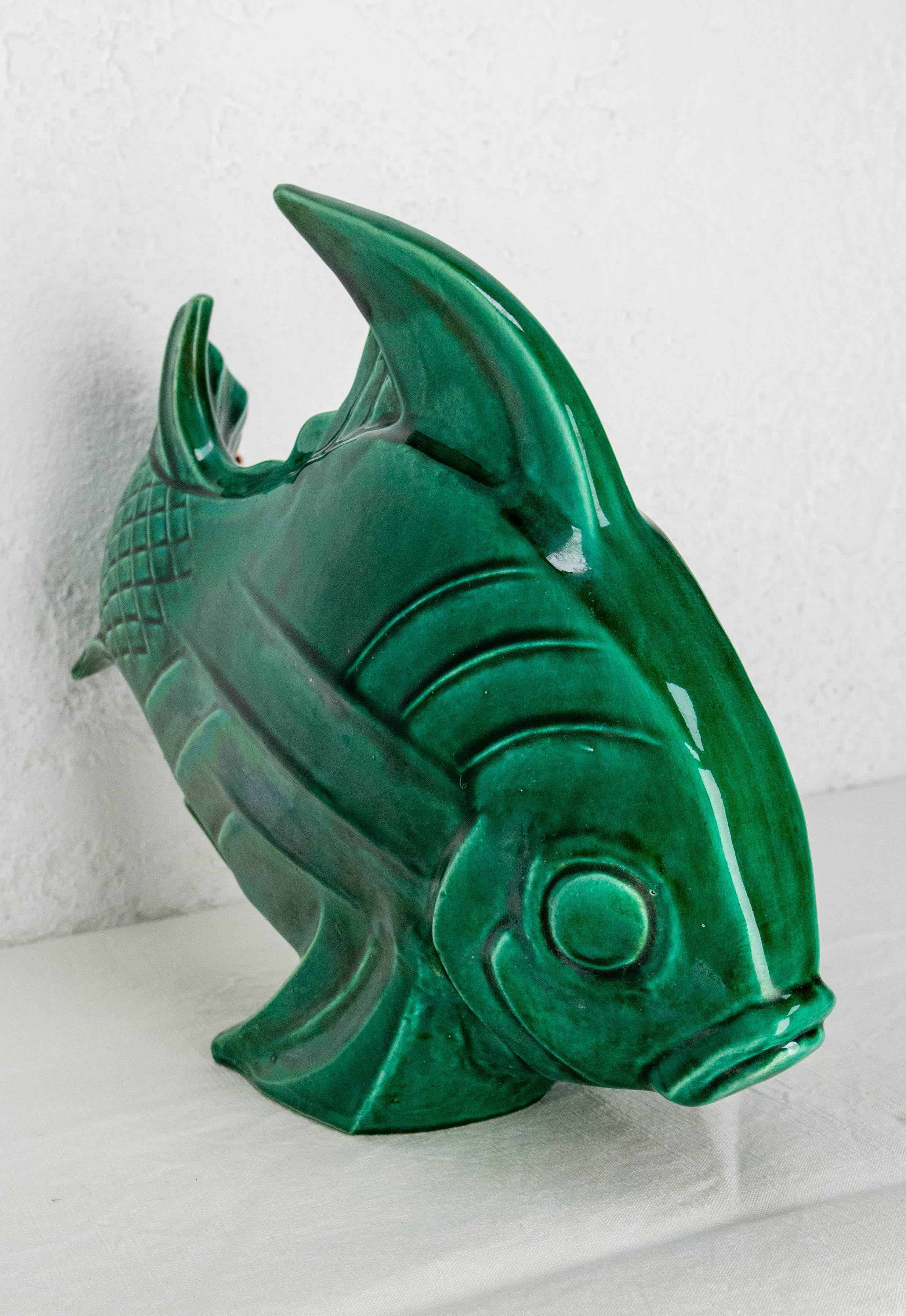 Early 20th Century French Lejan Art Deco Crackle Glaze Green Ceramic Koi Carpe Orchies circa 1920