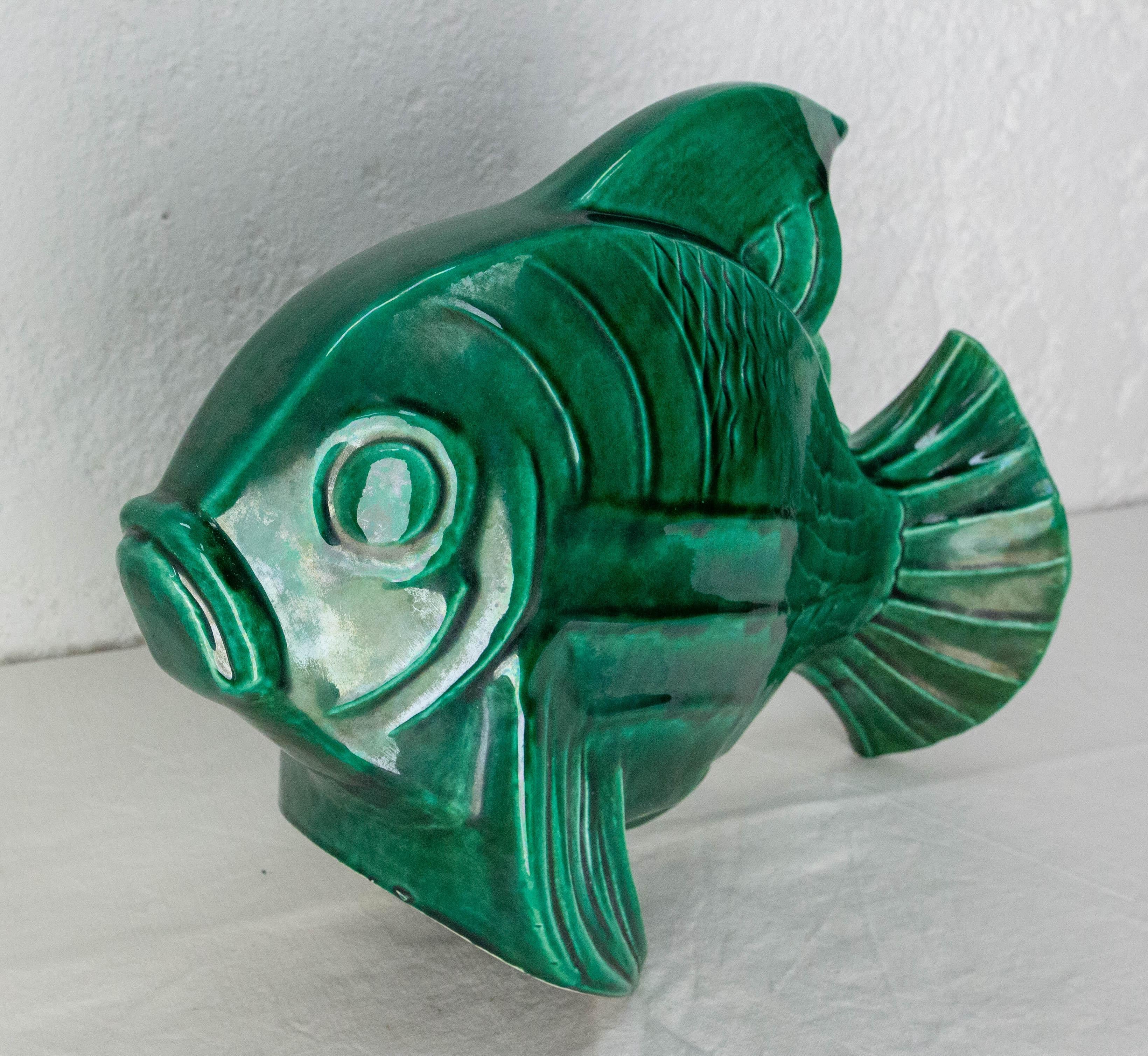French Lejan Art Deco Crackle Glaze Green Ceramic Koi Carpe Orchies circa 1920 2