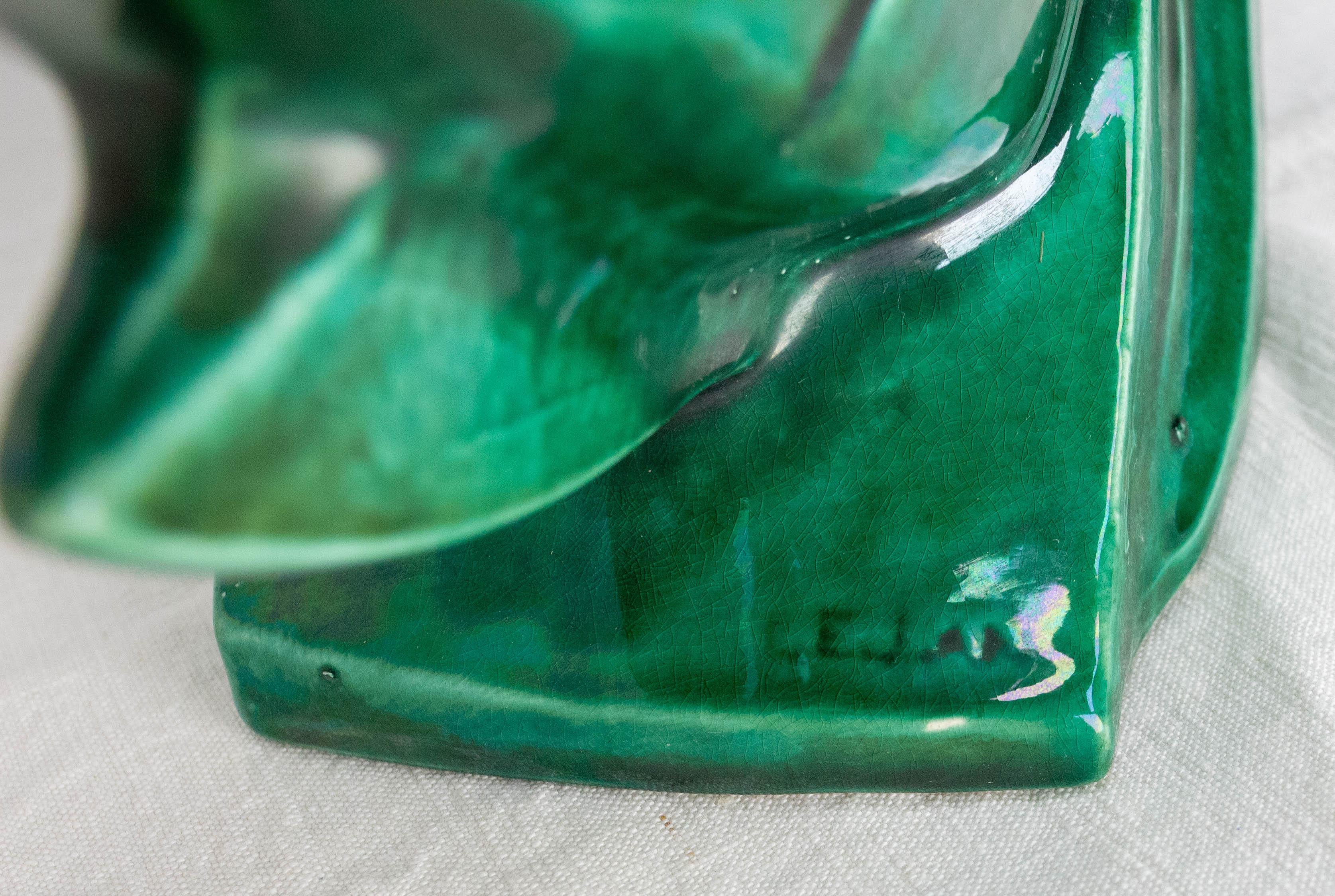 French Lejan Art Deco Crackle Glaze Green Ceramic Koi Carpe Orchies circa 1920 4