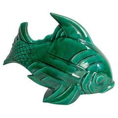 French Lejan Art Deco Crackle Glaze Green Ceramic Koi Carpe Orchies circa 1920