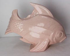 French Lejan Art Deco Crackle Glaze Pink Ceramic Koi Carpe Orchies circa 1920