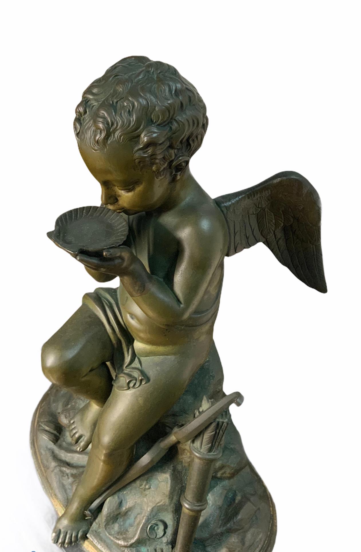 French Lemire Bronze Cherub Sculpture-L.Marti Et Cíe Black Marble Mantel Clock For Sale 5