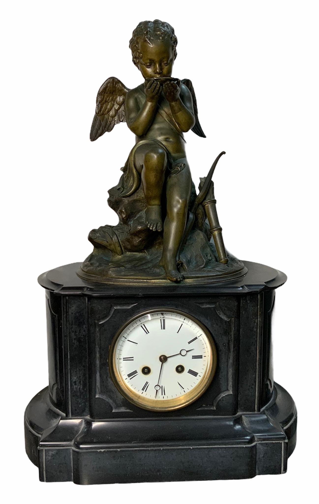 French Lemire Bronze Cherub Sculpture-L.Marti Et Cíe Black Marble Mantel Clock For Sale 6