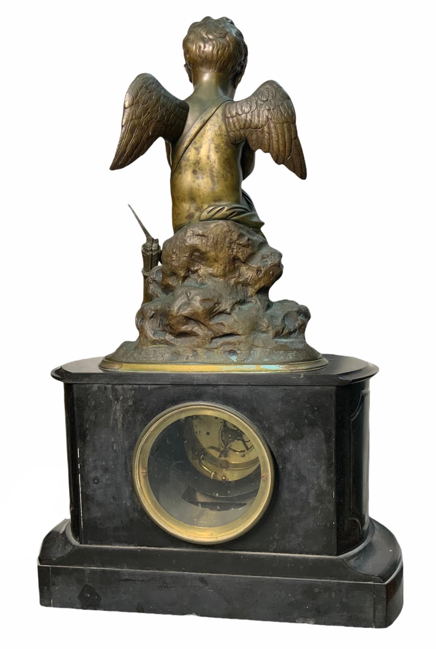 French Lemire Bronze Cherub Sculpture-L.Marti Et Cíe Black Marble Mantel Clock For Sale 7