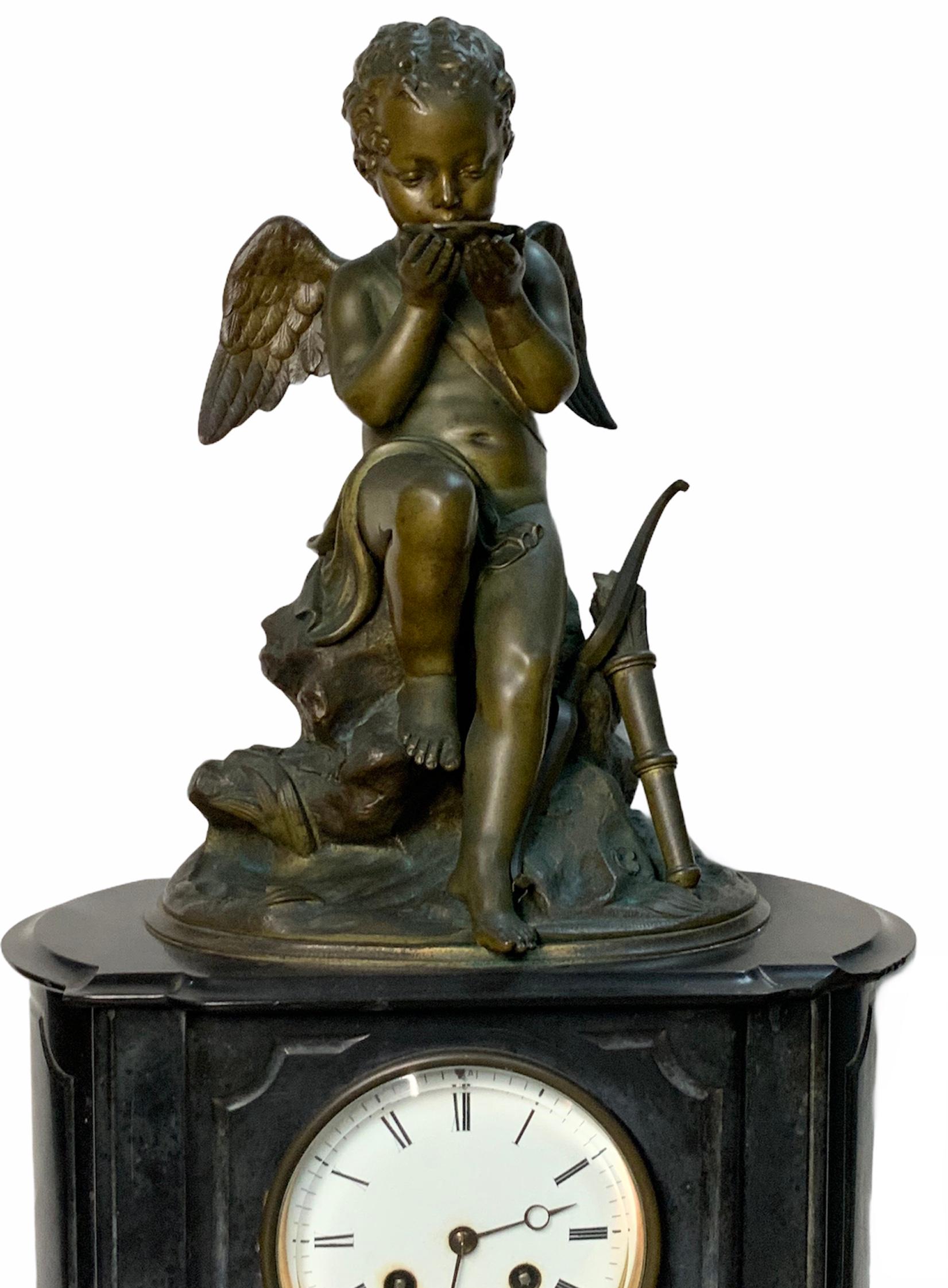 French Lemire Bronze Cherub Sculpture-L.Marti Et Cíe Black Marble Mantel Clock For Sale 1