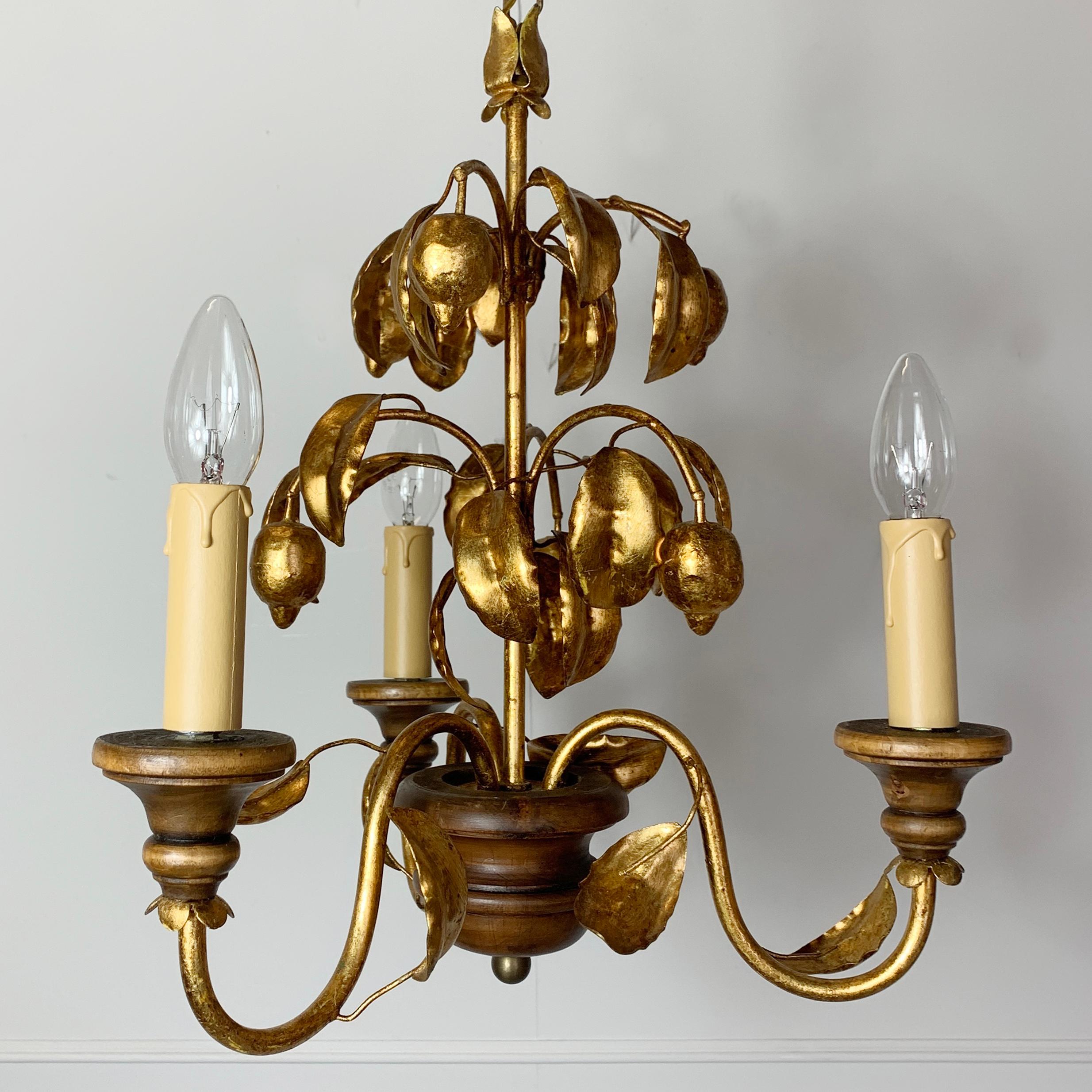 Metal French Lemon Tole Chandelier,  Gold 1970s For Sale