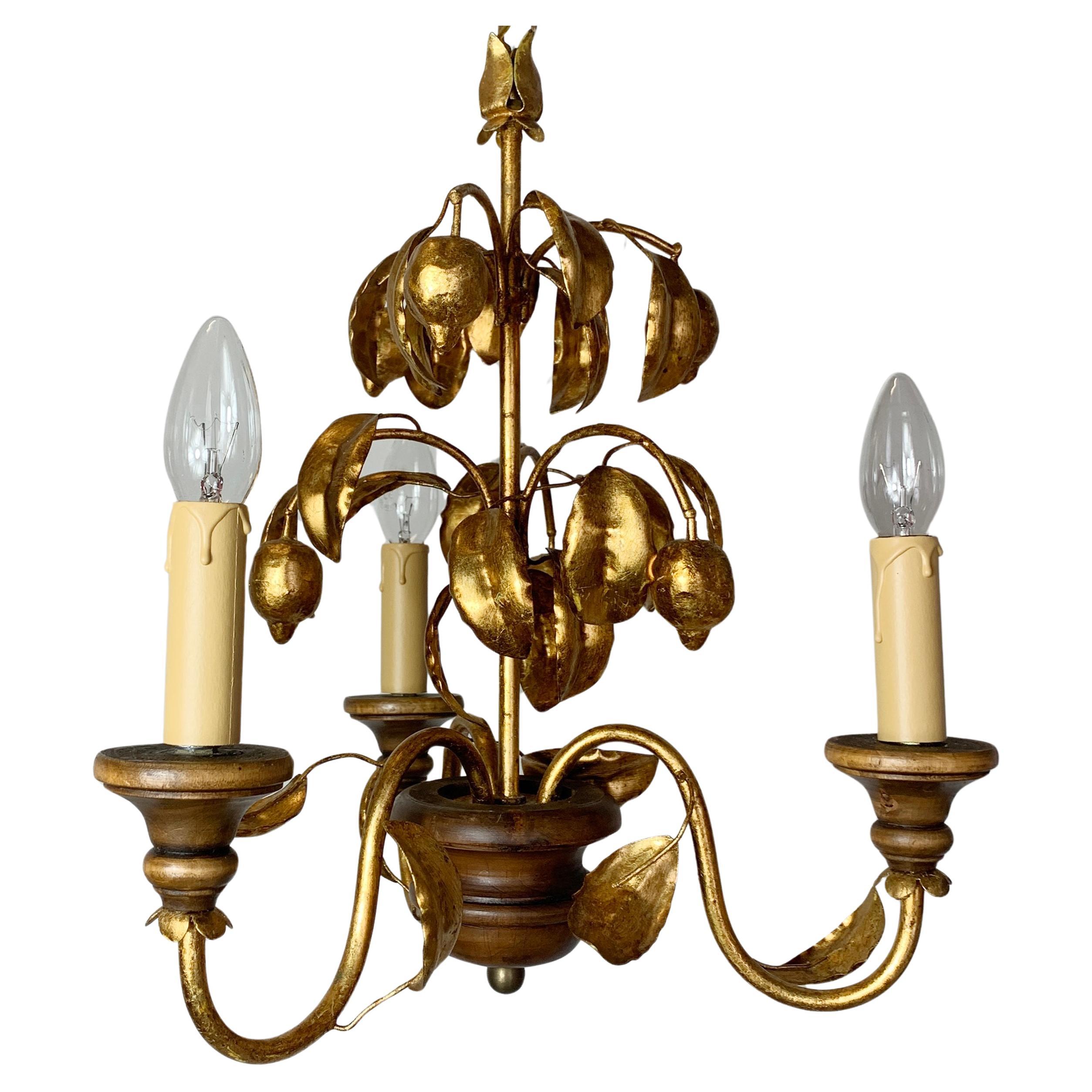 French Lemon Tole Chandelier,  Gold 1970s For Sale