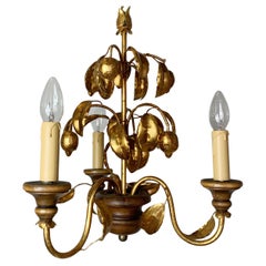 Vintage French Lemon Tole Chandelier,  Gold 1970s