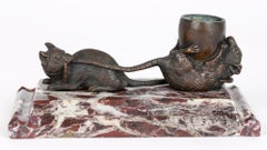 French 'Les Deux Rats Et L'Oeuf' Marble Mounted Bronze Inkwell