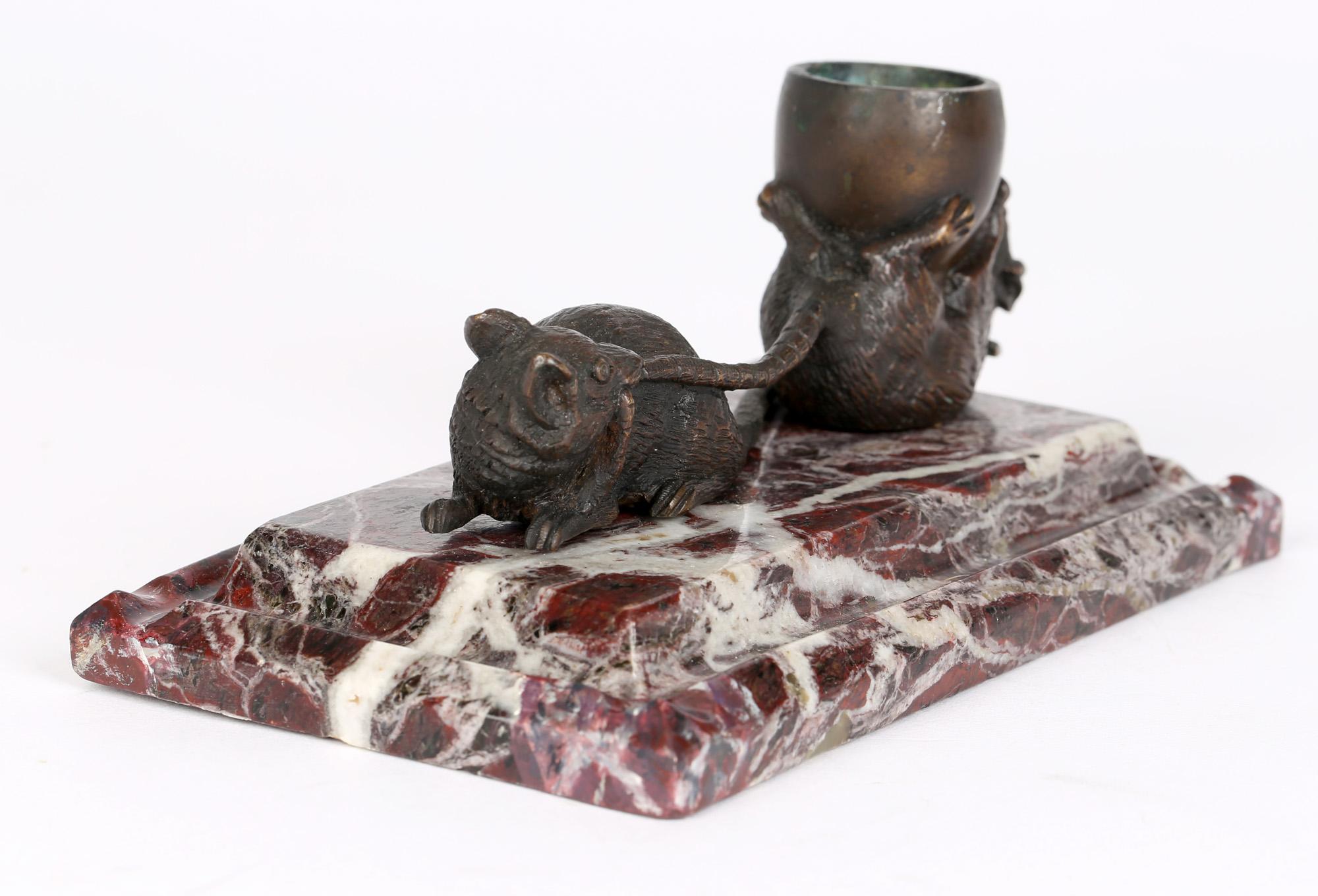 Patinated French 'Les Deux Rats Et L'Oeuf' Marble Mounted Bronze Inkwell For Sale