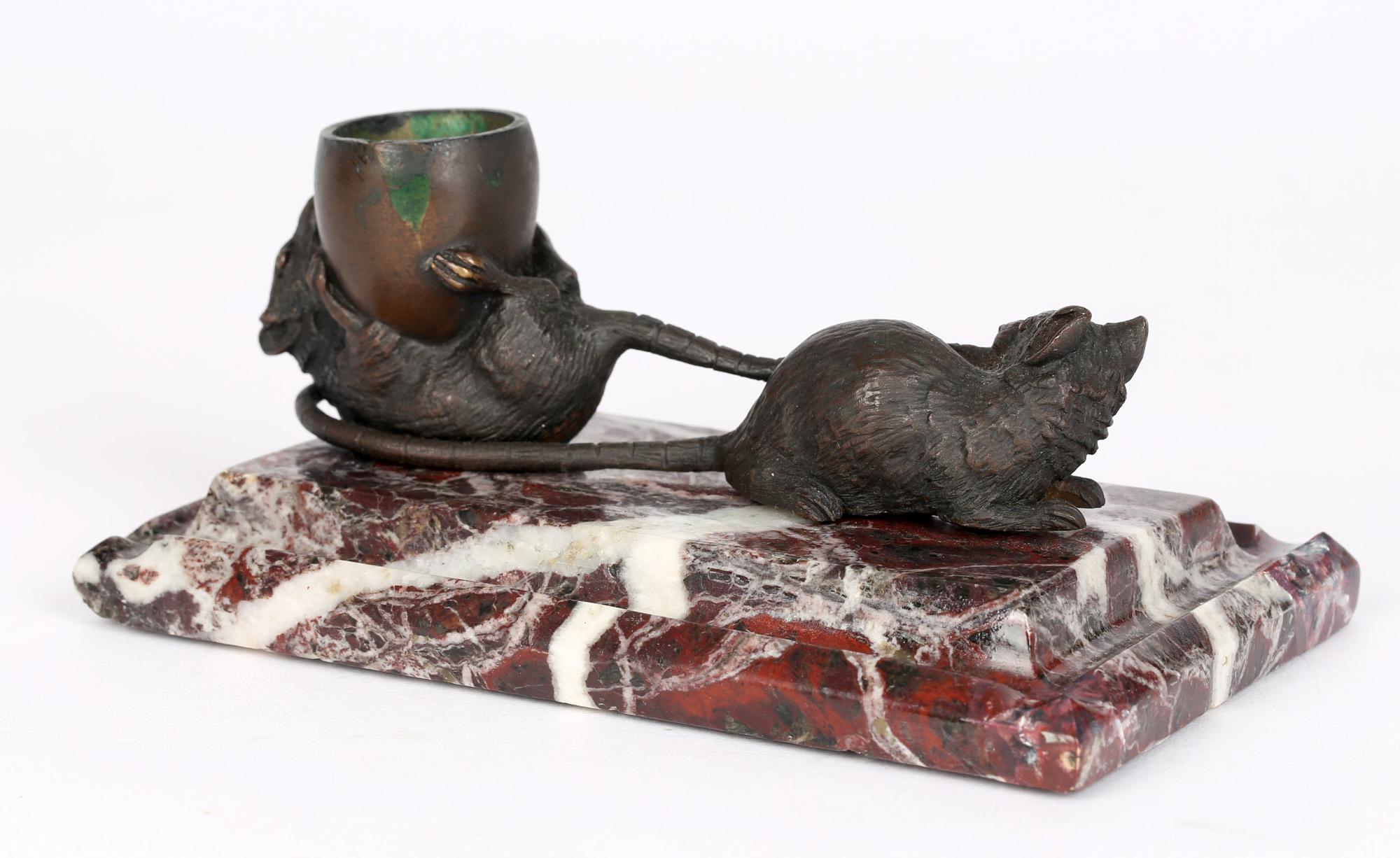 19th Century French 'Les Deux Rats Et L'Oeuf' Marble Mounted Bronze Inkwell For Sale