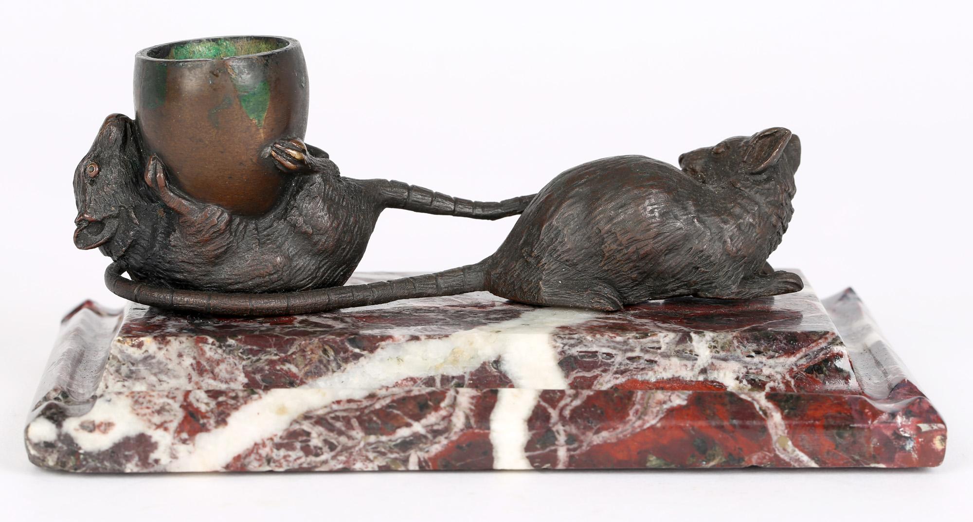French 'Les Deux Rats Et L'Oeuf' Marble Mounted Bronze Inkwell For Sale 1