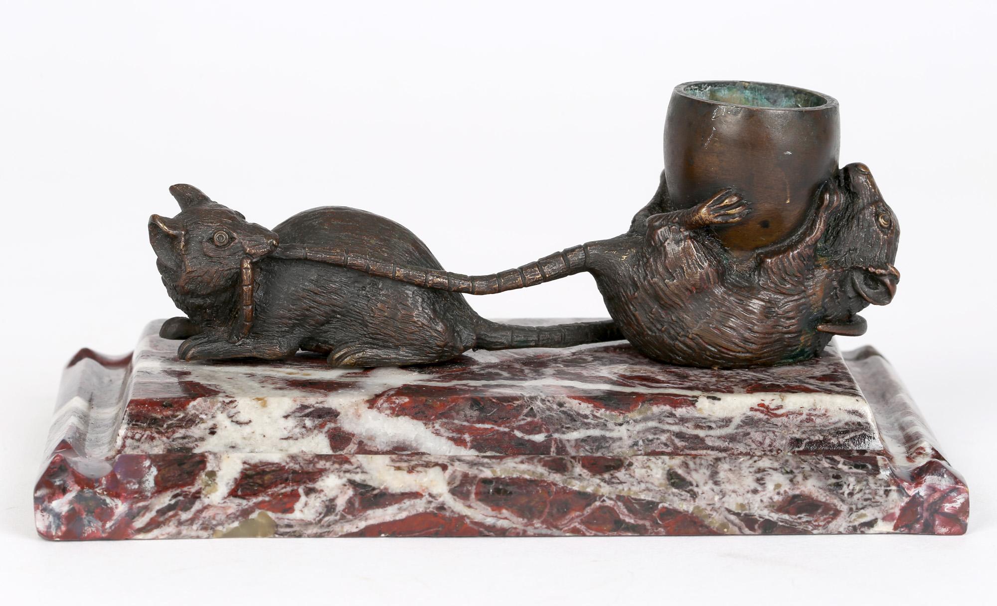 French 'Les Deux Rats Et L'Oeuf' Marble Mounted Bronze Inkwell For Sale 3
