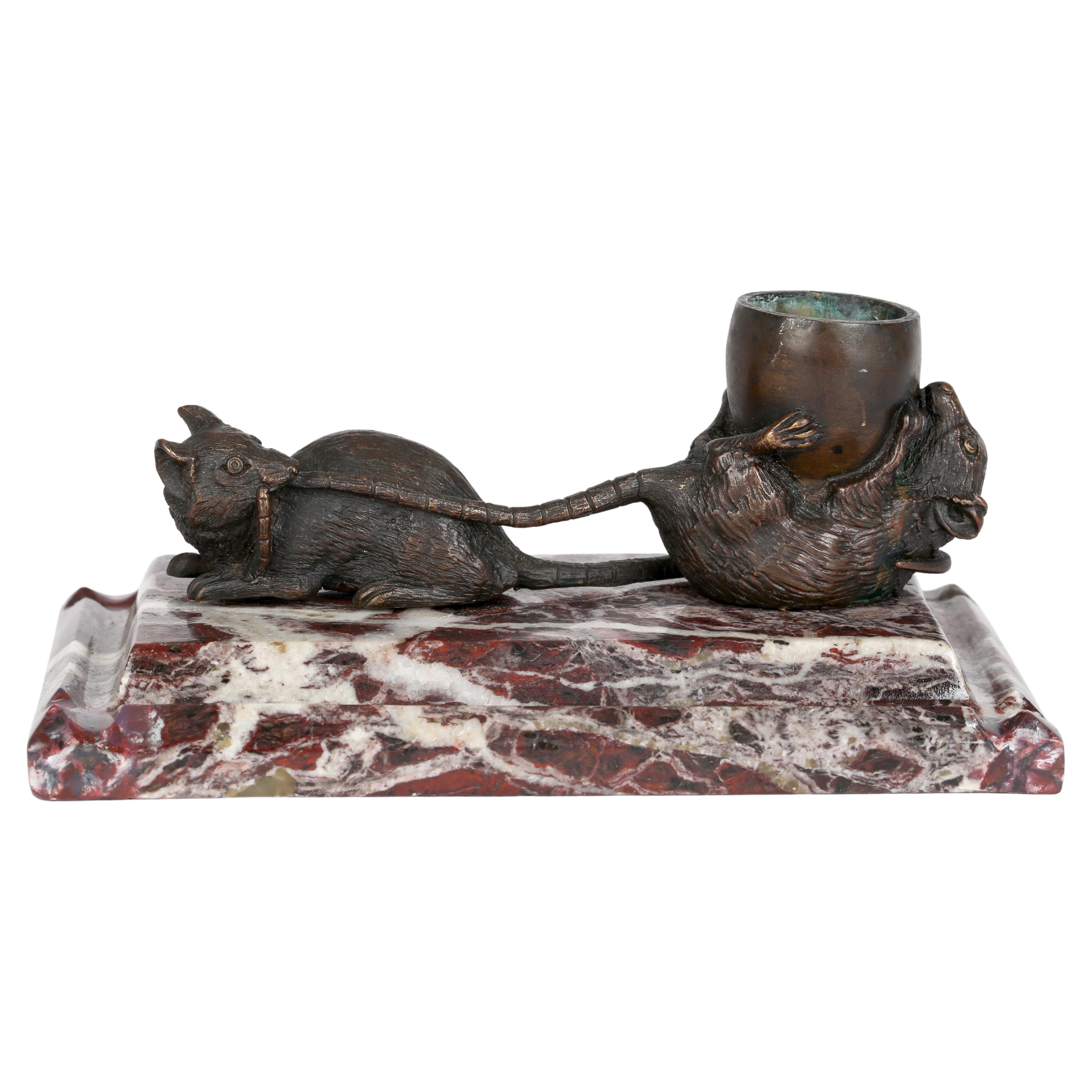 French 'Les Deux Rats Et L'Oeuf' Marble Mounted Bronze Inkwell For Sale