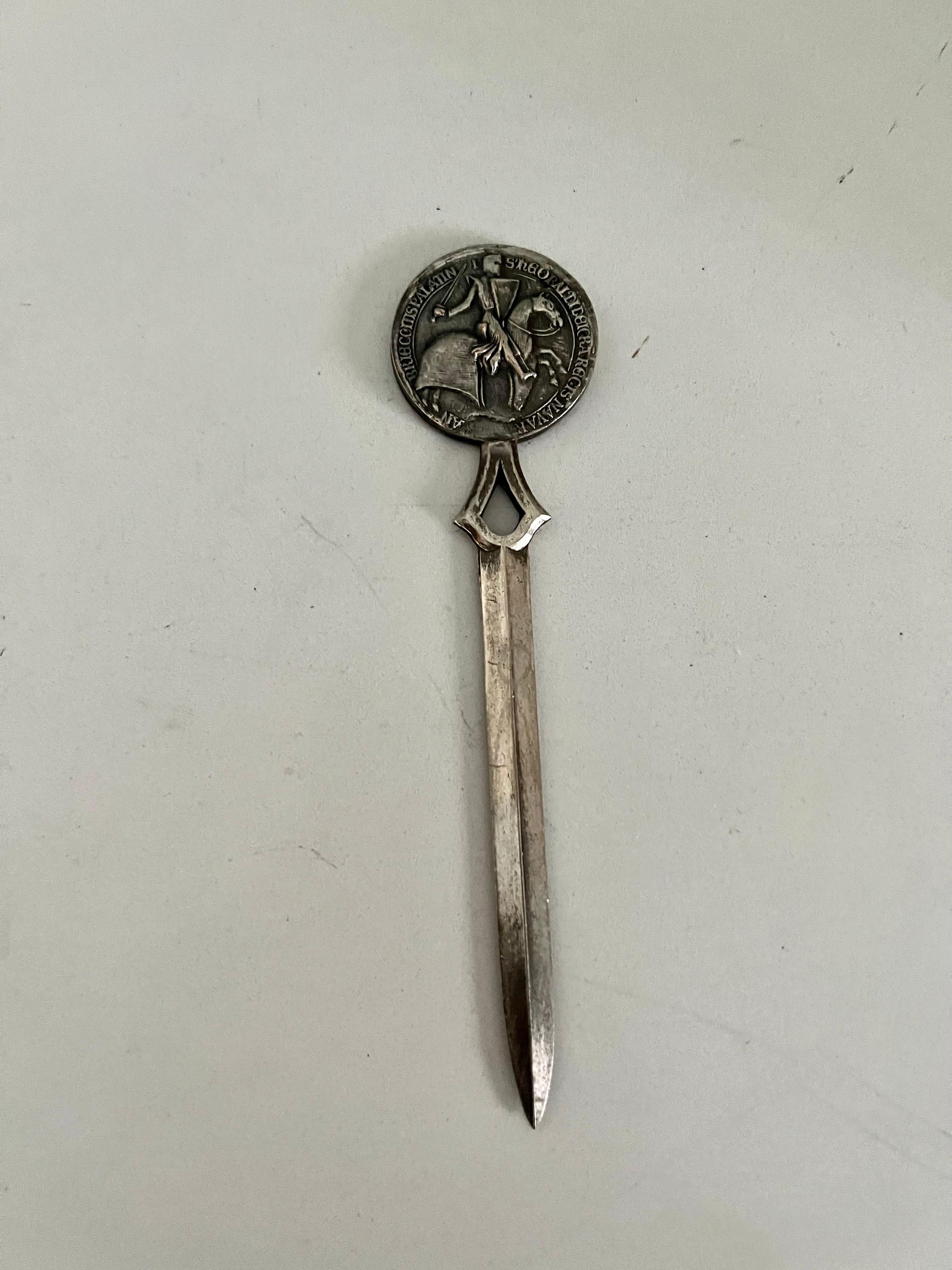 Repoussé French Letter Opener with a Medallion of a Man on a Horse For Sale