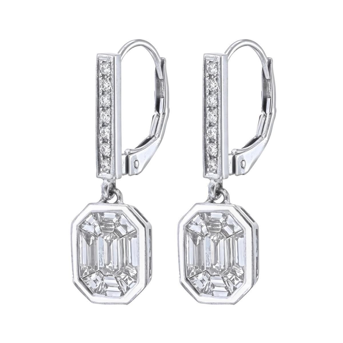 Artisan French lever back earrings with 2 carat face up Invisible set diamond earrings For Sale