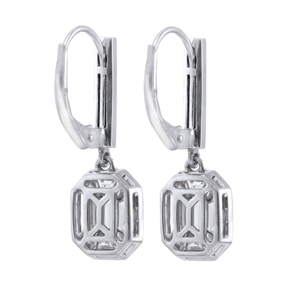 Emerald Cut French lever back earrings with 2 carat face up Invisible set diamond earrings For Sale