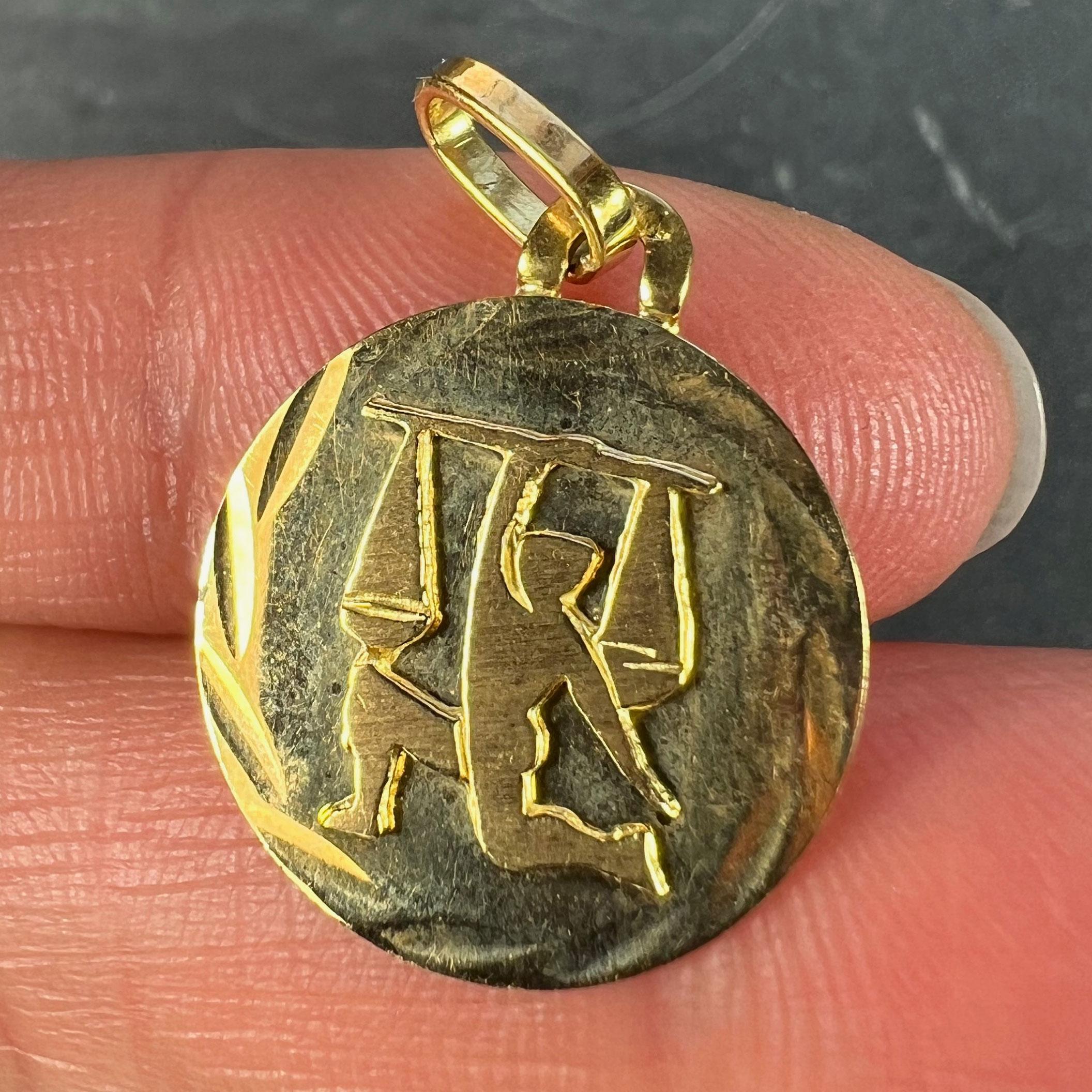 Men's French Libra Starsign Zodiac 18K Yellow Gold Charm Medal Pendant For Sale