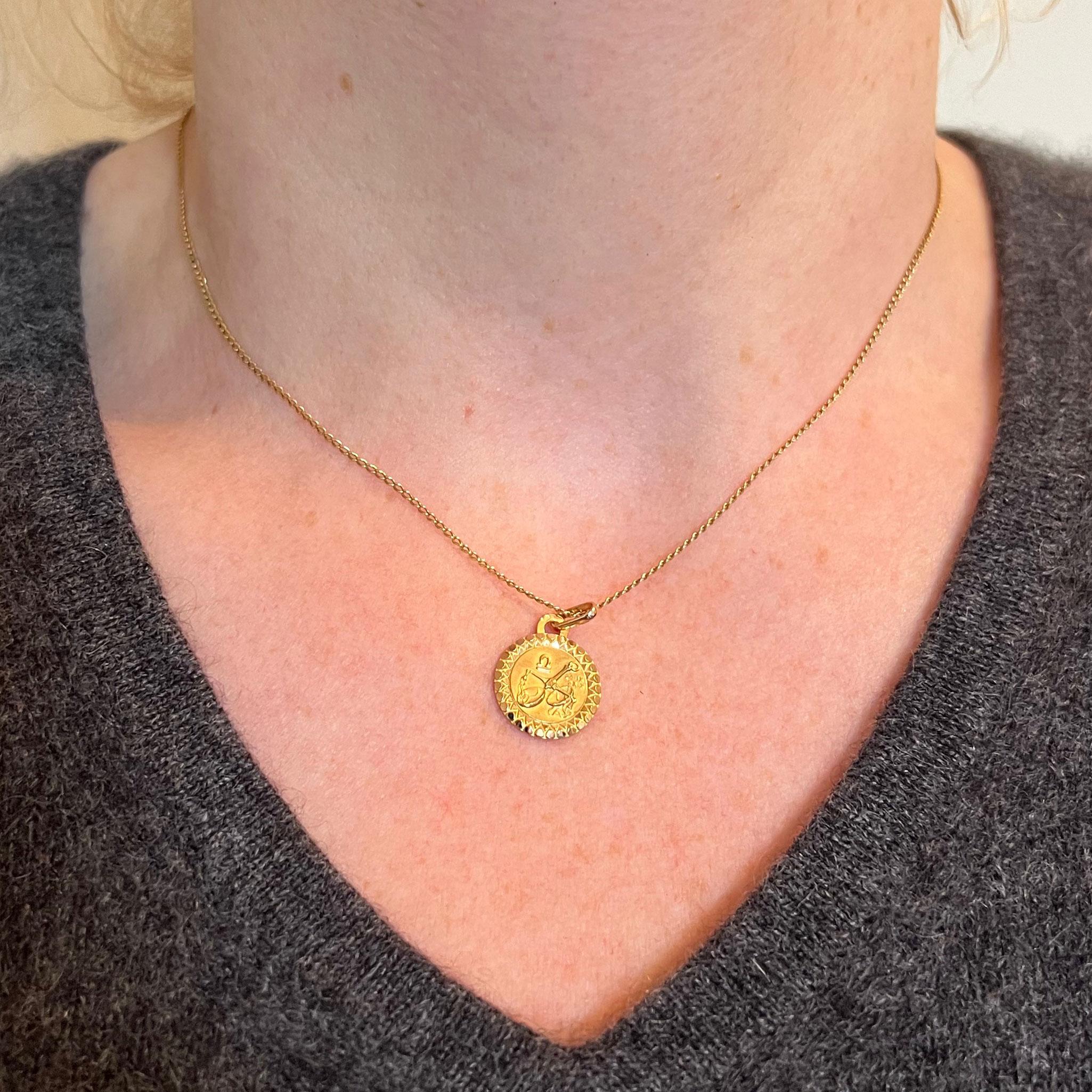 Women's or Men's French Libra Zodiac Starsign 18K Yellow Gold Perroud Charm Pendant For Sale