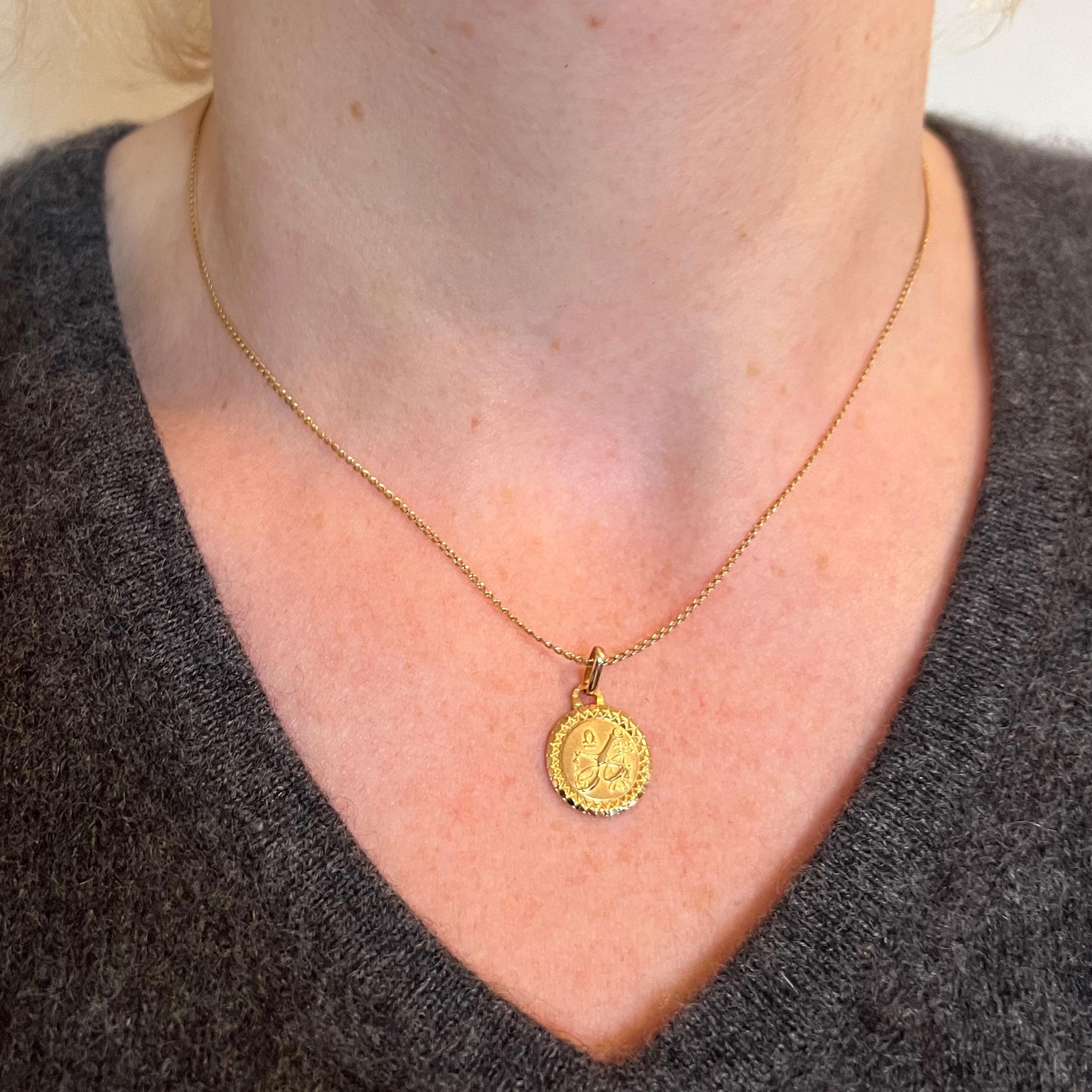 Women's or Men's French Libra Zodiac Starsign 18K Yellow Gold Perroud Charm Pendant For Sale