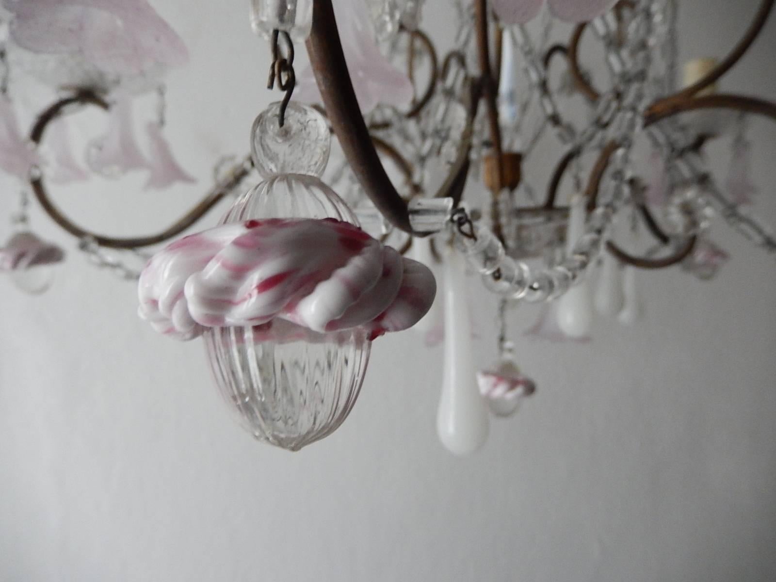 French Light Pink Flowers Opaline Murano Drops Chandelier, circa 1920 5