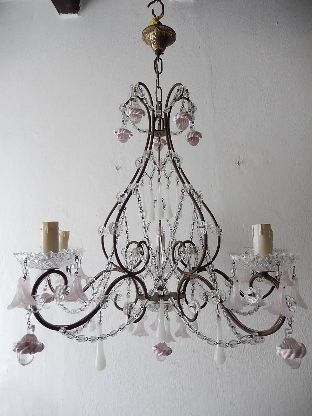 French Light Pink Flowers Opaline Murano Drops Chandelier, circa 1920 6