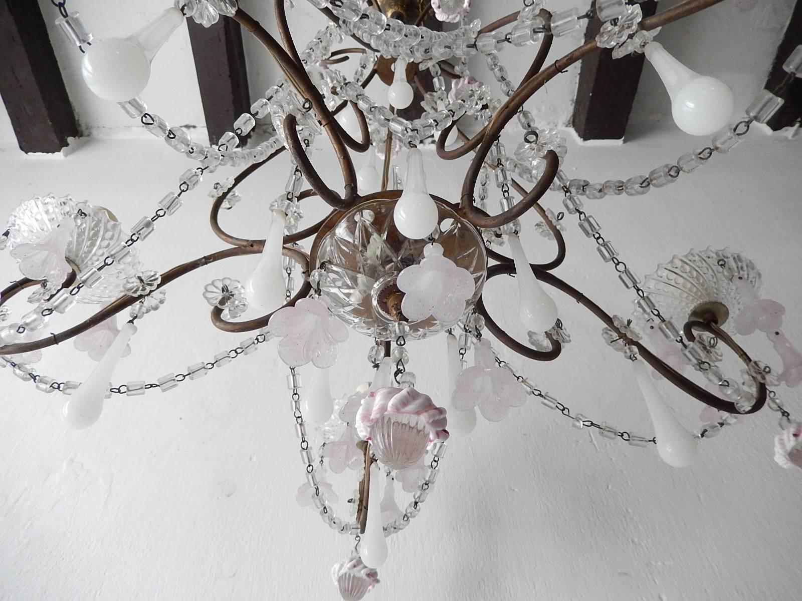 French Light Pink Flowers Opaline Murano Drops Chandelier, circa 1920 7