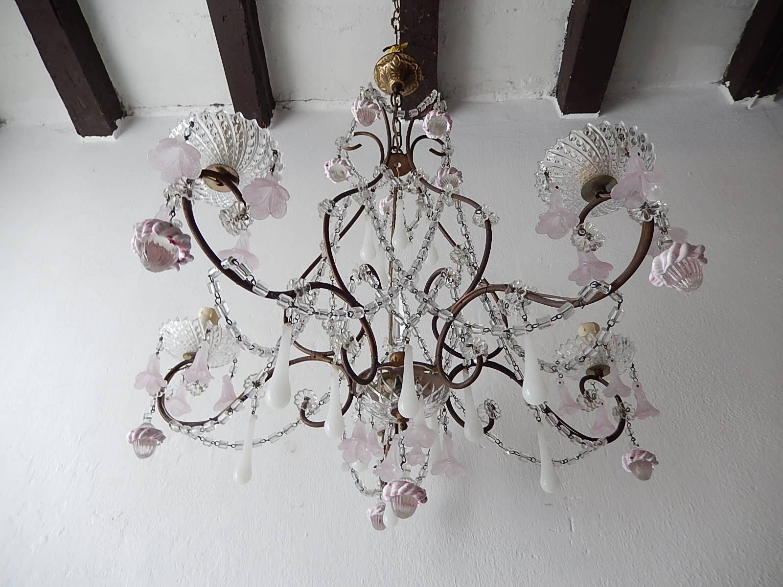 French Light Pink Flowers Opaline Murano Drops Chandelier, circa 1920 1