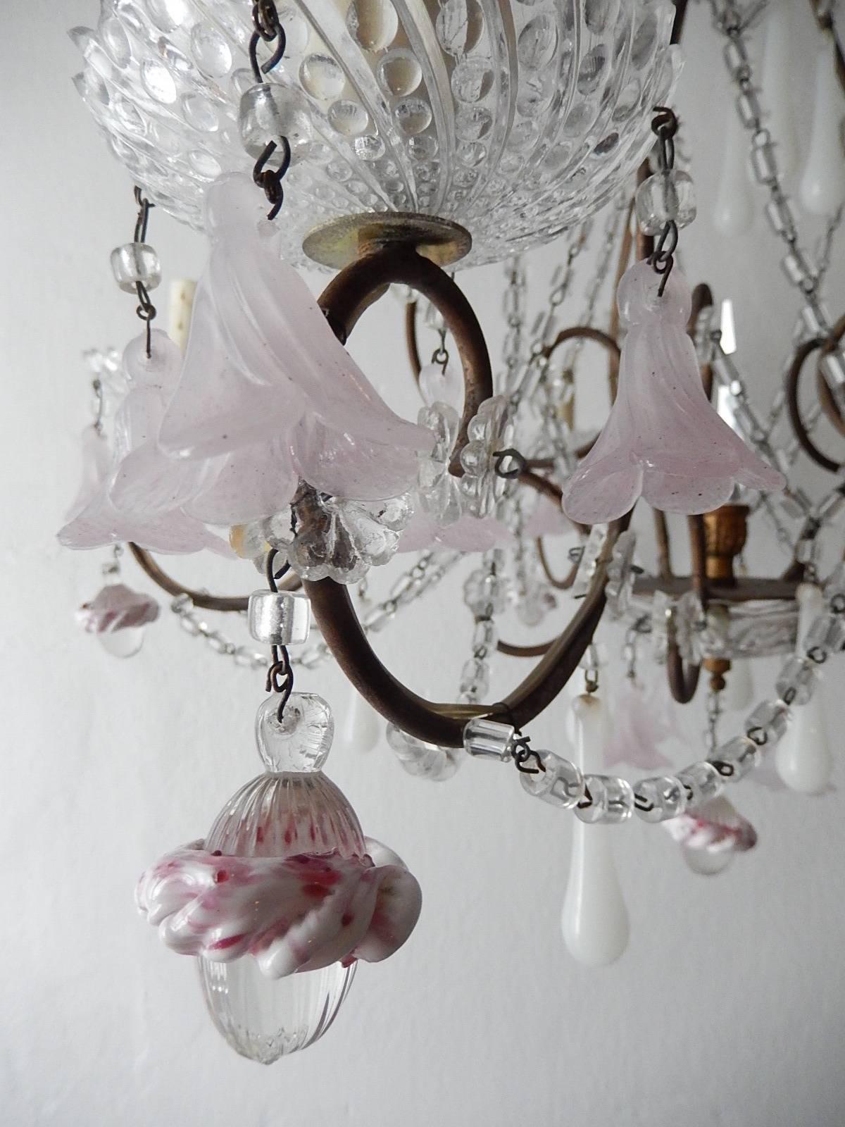 French Light Pink Flowers Opaline Murano Drops Chandelier, circa 1920 2