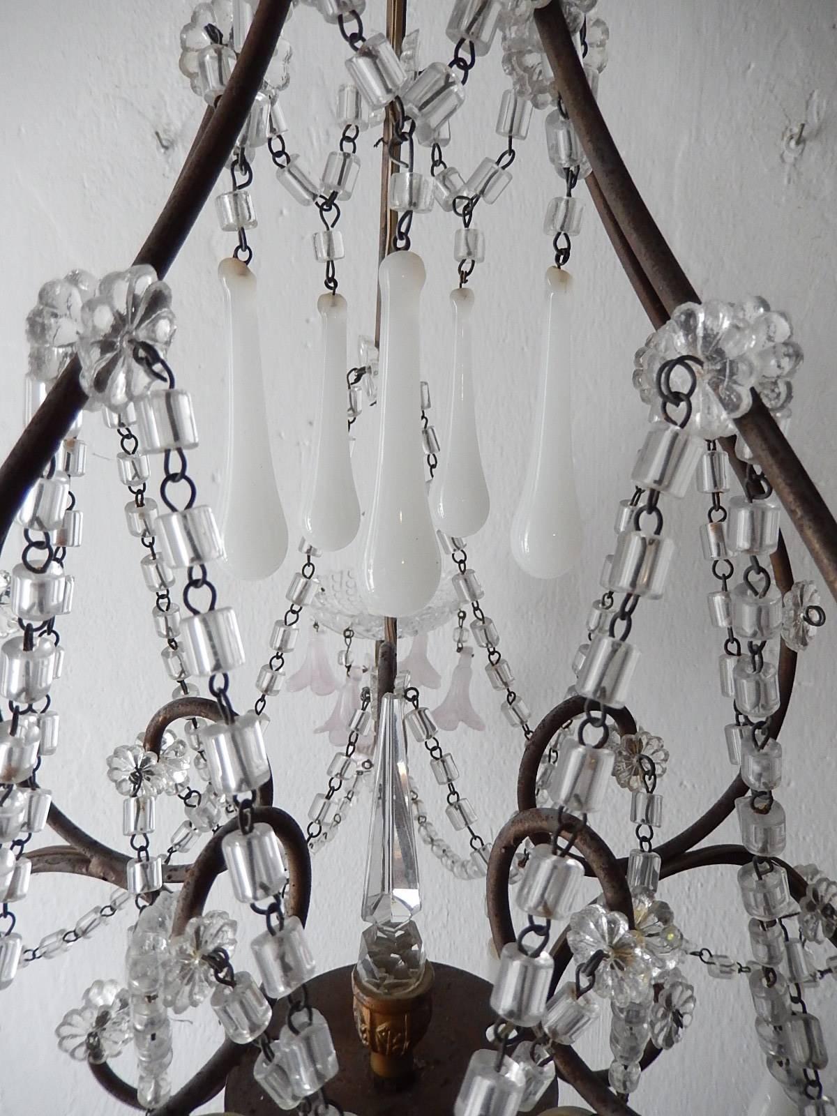 French Light Pink Flowers Opaline Murano Drops Chandelier, circa 1920 3