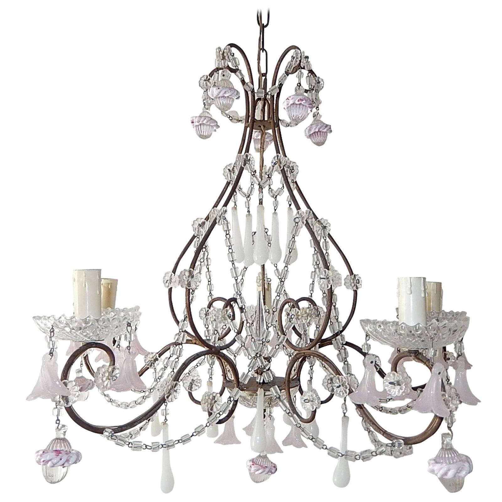French Light Pink Flowers Opaline Murano Drops Chandelier, circa 1920