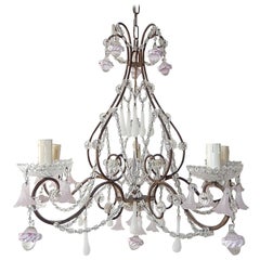French Light Pink Flowers Opaline Murano Drops Chandelier, circa 1920