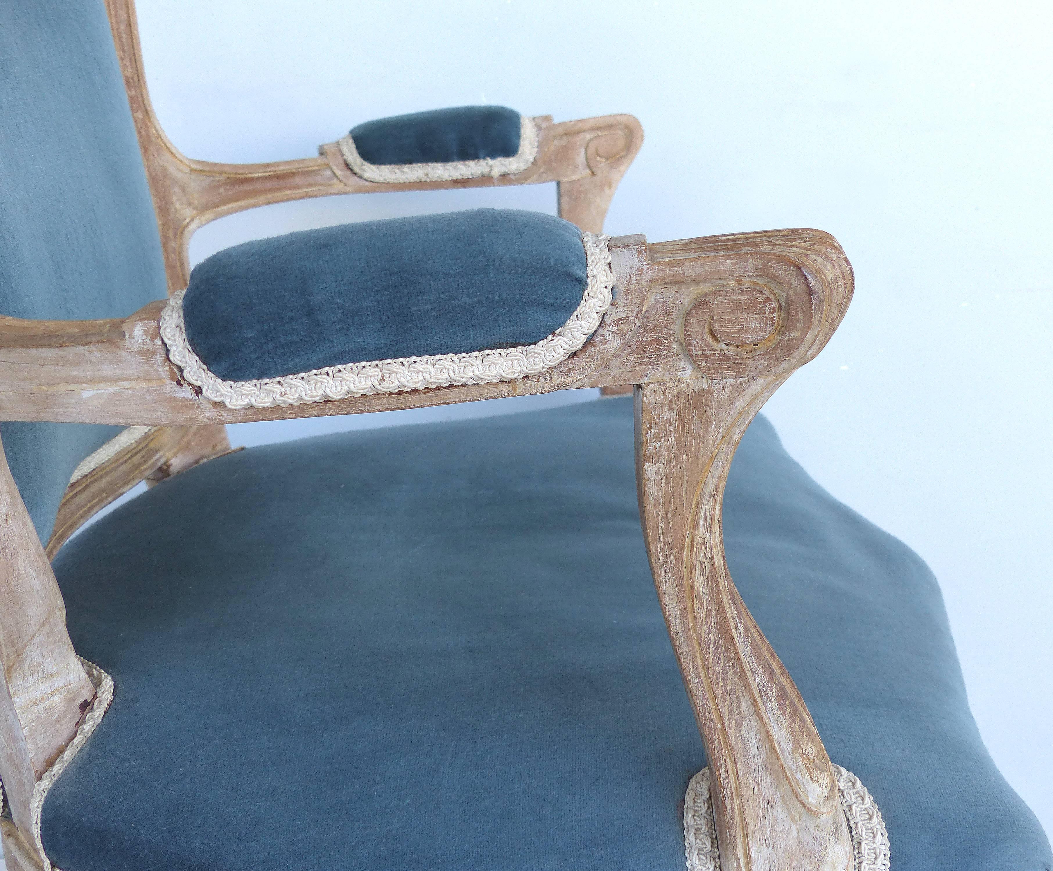 French Limed Louis XV Style Fauteuil Chairs with Velvet Mohair Seats with Trim 7
