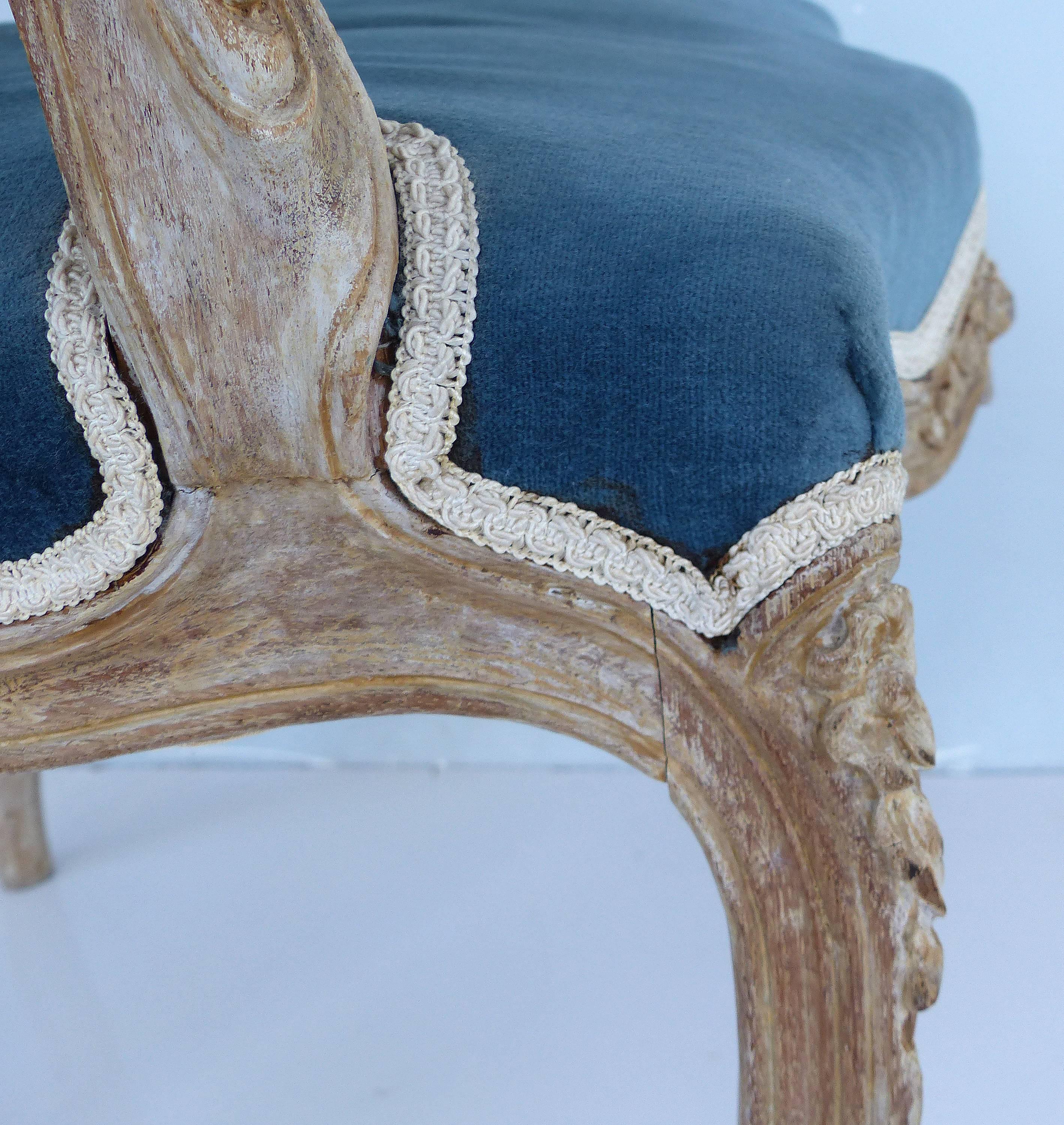French Limed Louis XV Style Fauteuil Chairs with Velvet Mohair Seats with Trim 8