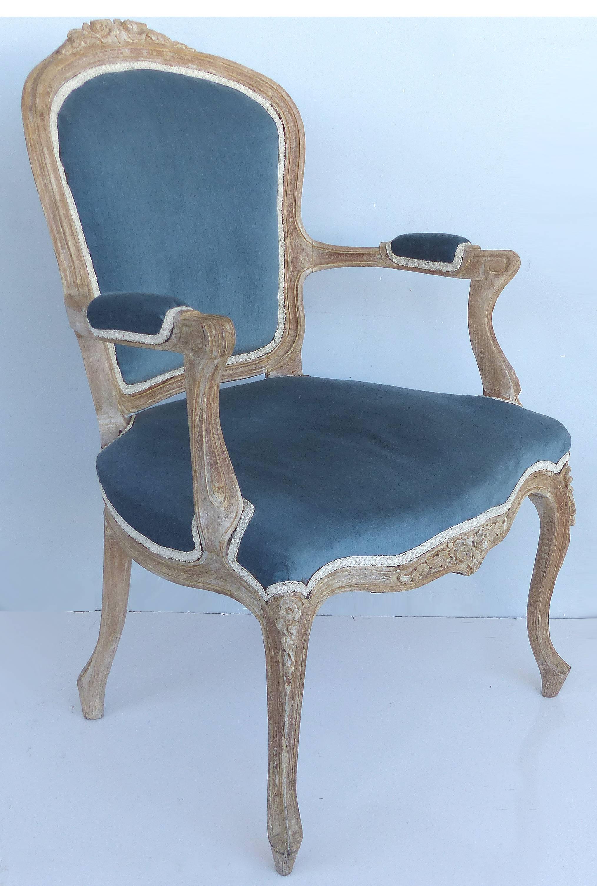 French Limed Louis XV Style Fauteuil Chairs with Velvet Mohair Seats with Trim In Good Condition In Miami, FL