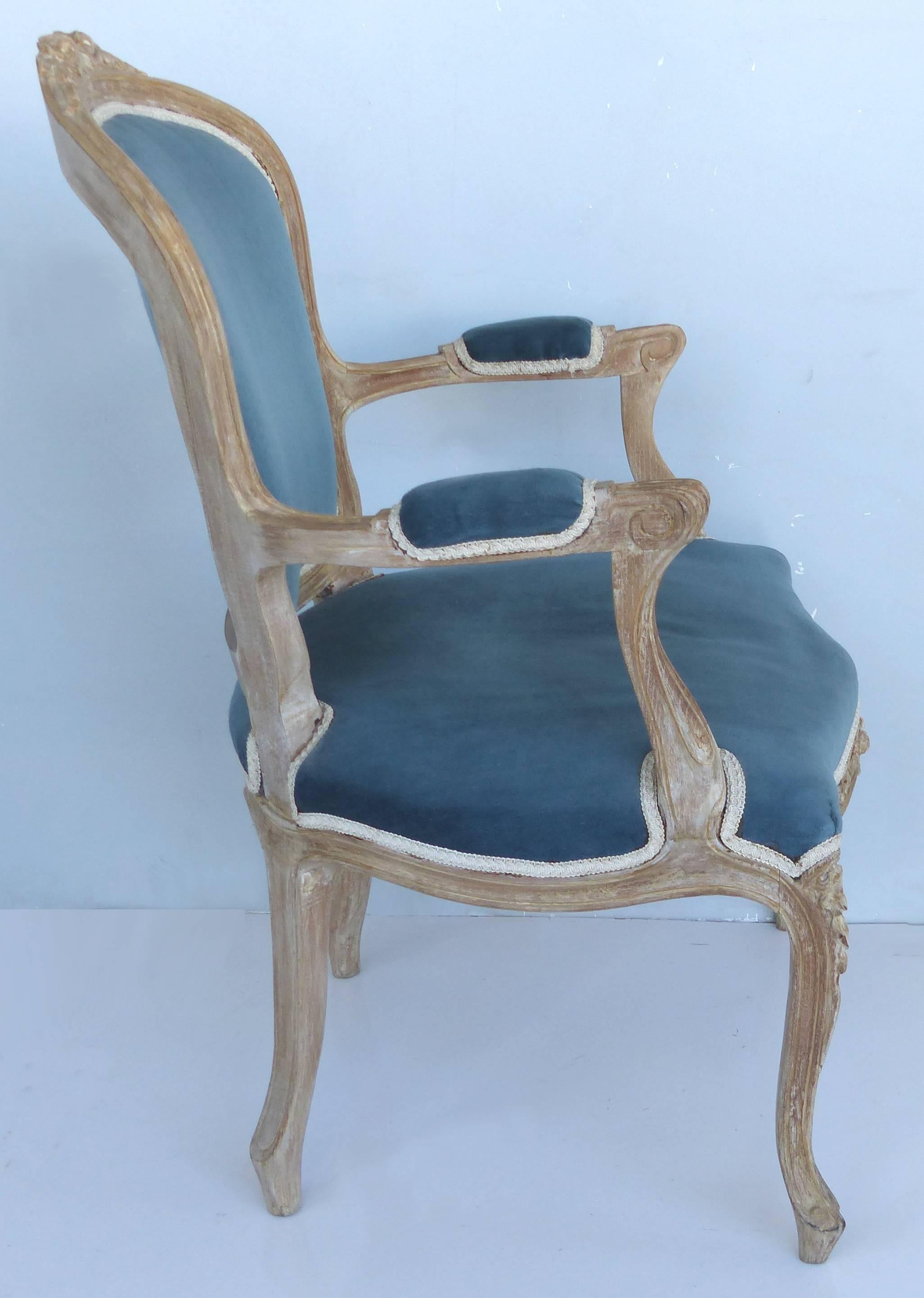 20th Century French Limed Louis XV Style Fauteuil Chairs with Velvet Mohair Seats with Trim