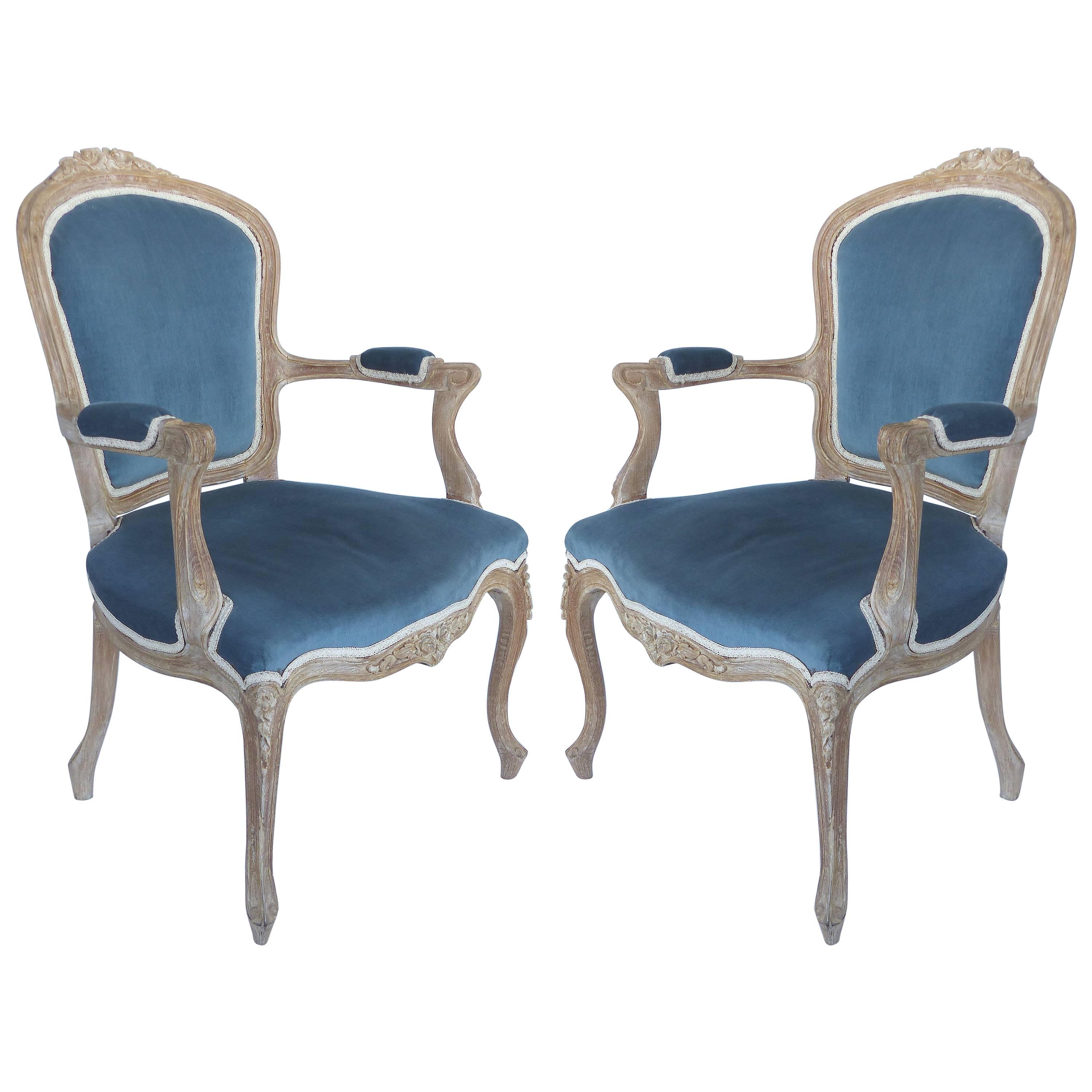 French Limed Louis XV Style Fauteuil Chairs with Velvet Mohair Seats with Trim