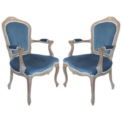 French Limed Louis XV Style Fauteuil Chairs with Velvet Mohair Seats with Trim